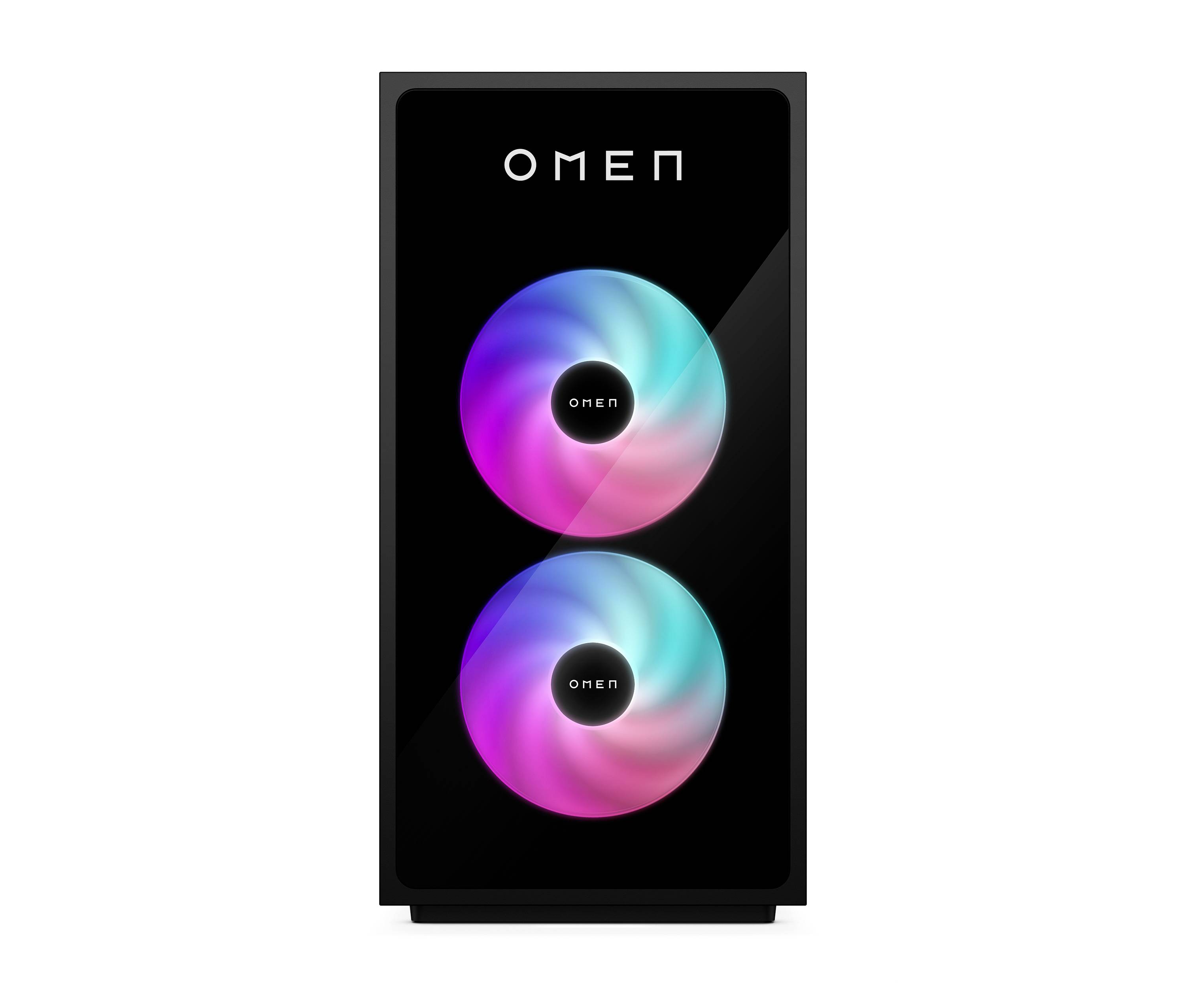Schwarzer OMEN Desktop-PC-Tower mit zwei RGB-beleuchteten Frontlüftern und OMEN-Logo oben.
