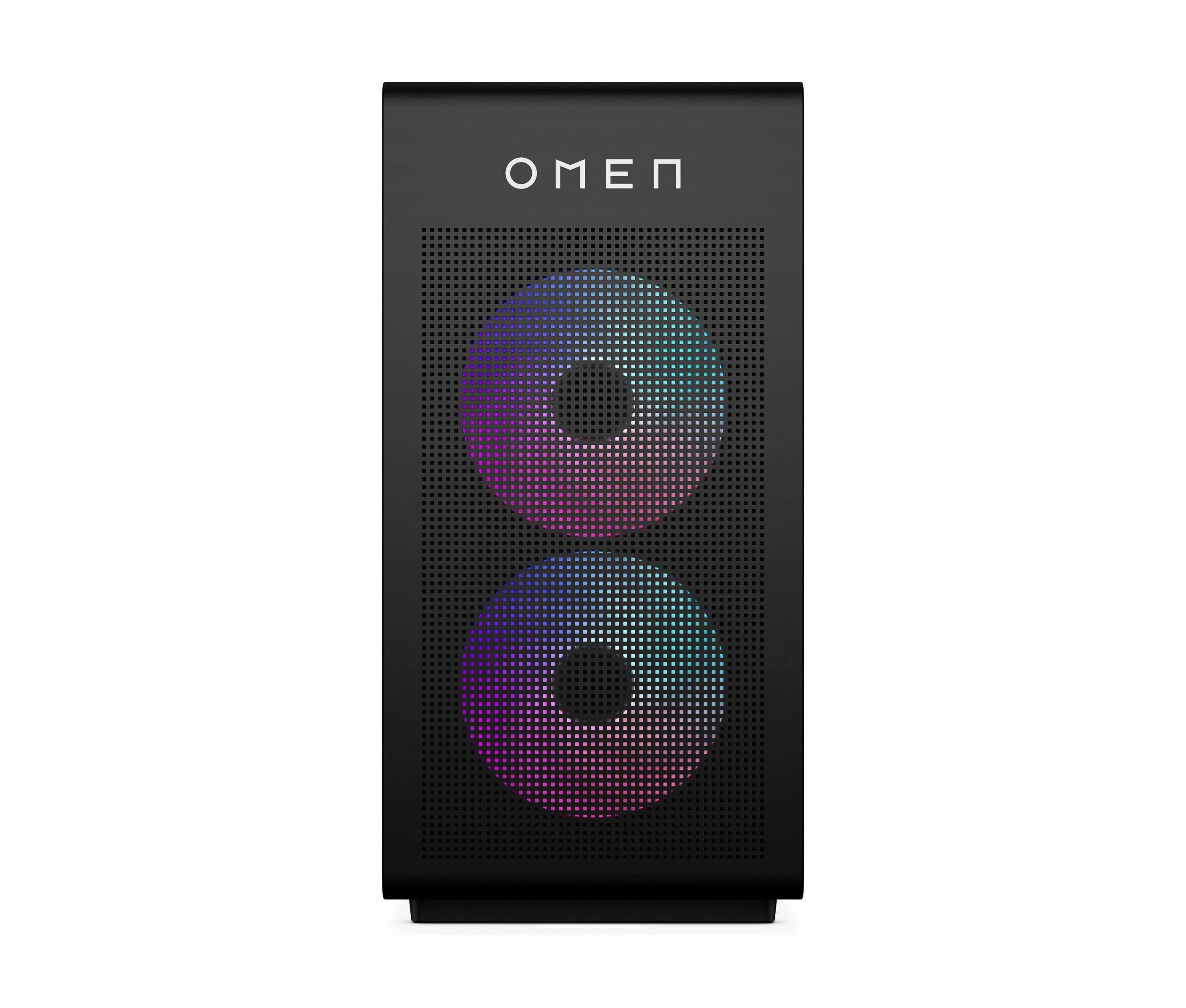 Schwarzer OMEN Desktop-Turm mit zwei großen RGB-beleuchteten vorderen Lüftern hinter einem perforierten Panel.