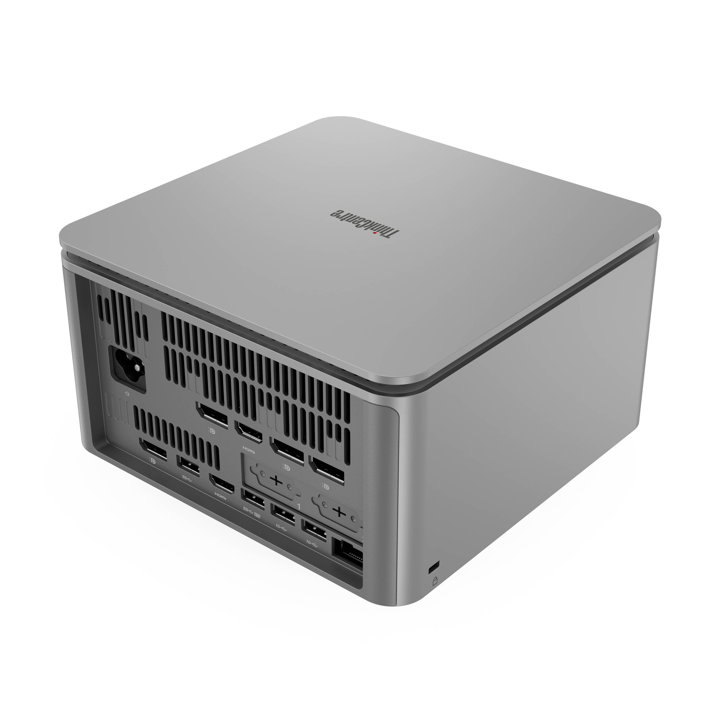 Grauer kompakter Mini-PC von hinten gezeigt, mit Stromeingang, mehreren USB- und Videoanschlüssen sowie Belüftungsschlitzen