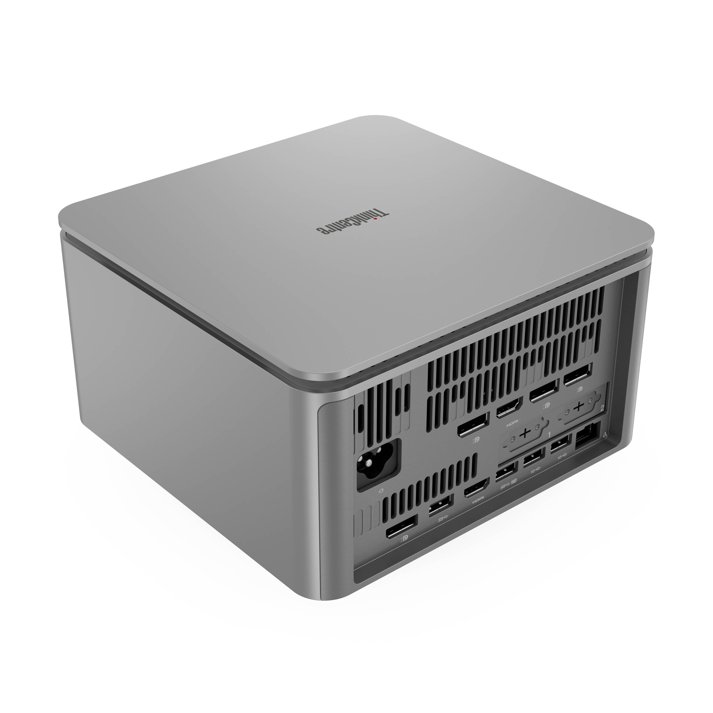 Kompakter grauer Lenovo Mini-Desktop-Computer von hinten gezeigt, mit Stromeingang, Lüftungsgitter und mehreren USB- und Anzeigeports.