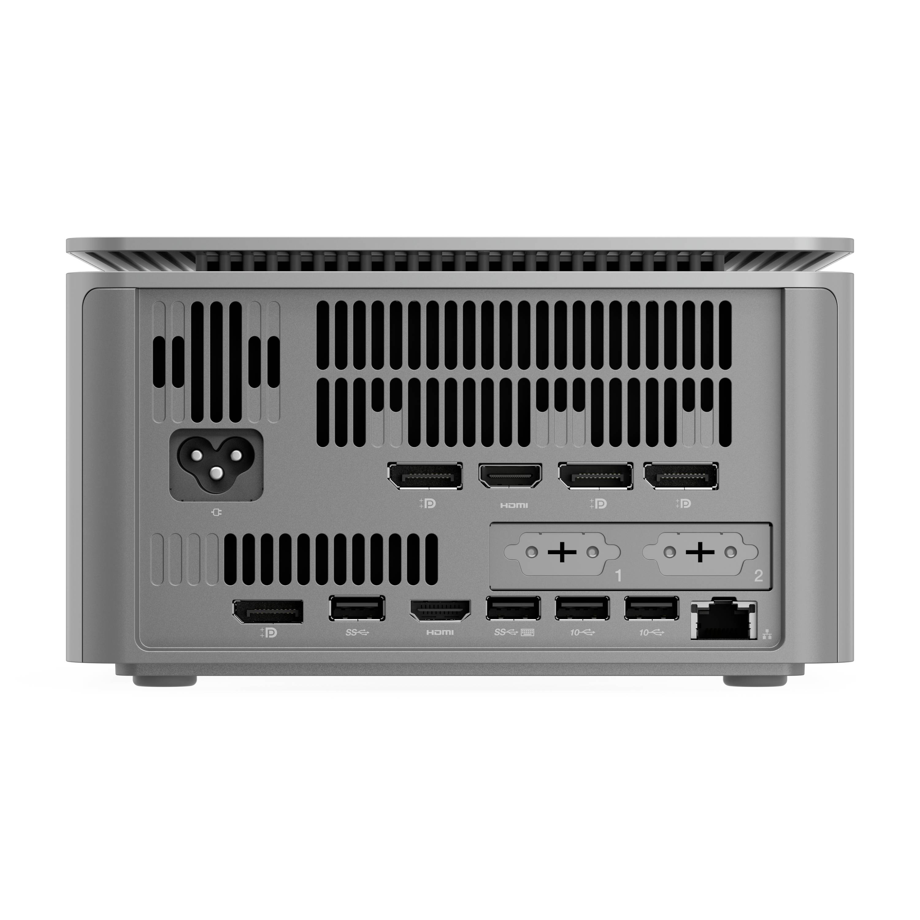 Rückansicht eines grauen elektronischen Geräts mit Stromeingang, mehreren HDMI- und USB-Anschlüssen, Lüftungsgittern und zwei gekennzeichneten Modulschächten.