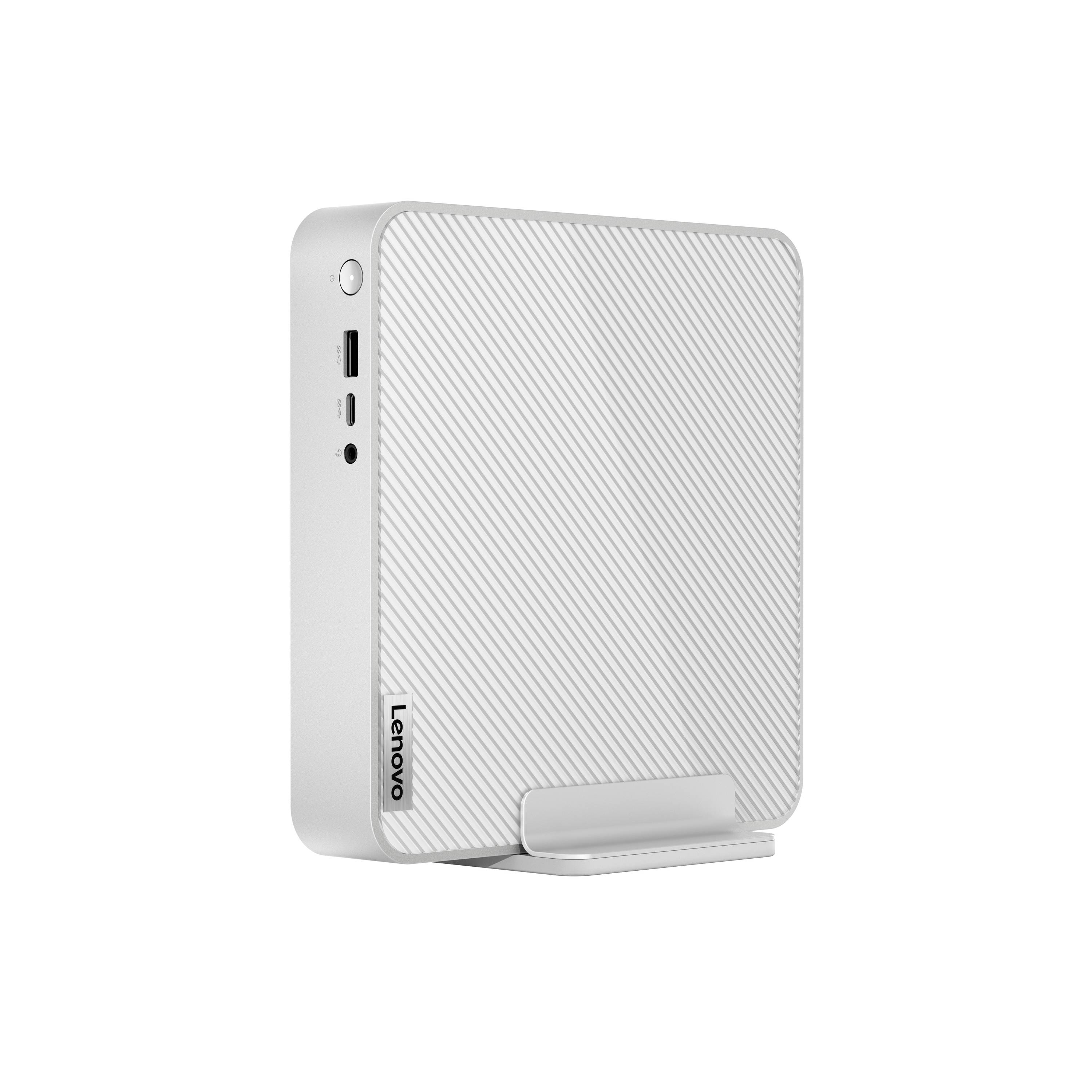 Weißer Lenovo Mini-Desktop-PC mit diagonal gestreifter Vorderseite, dargestellt stehend auf einer kleinen Basis vor weißem Hintergrund.
