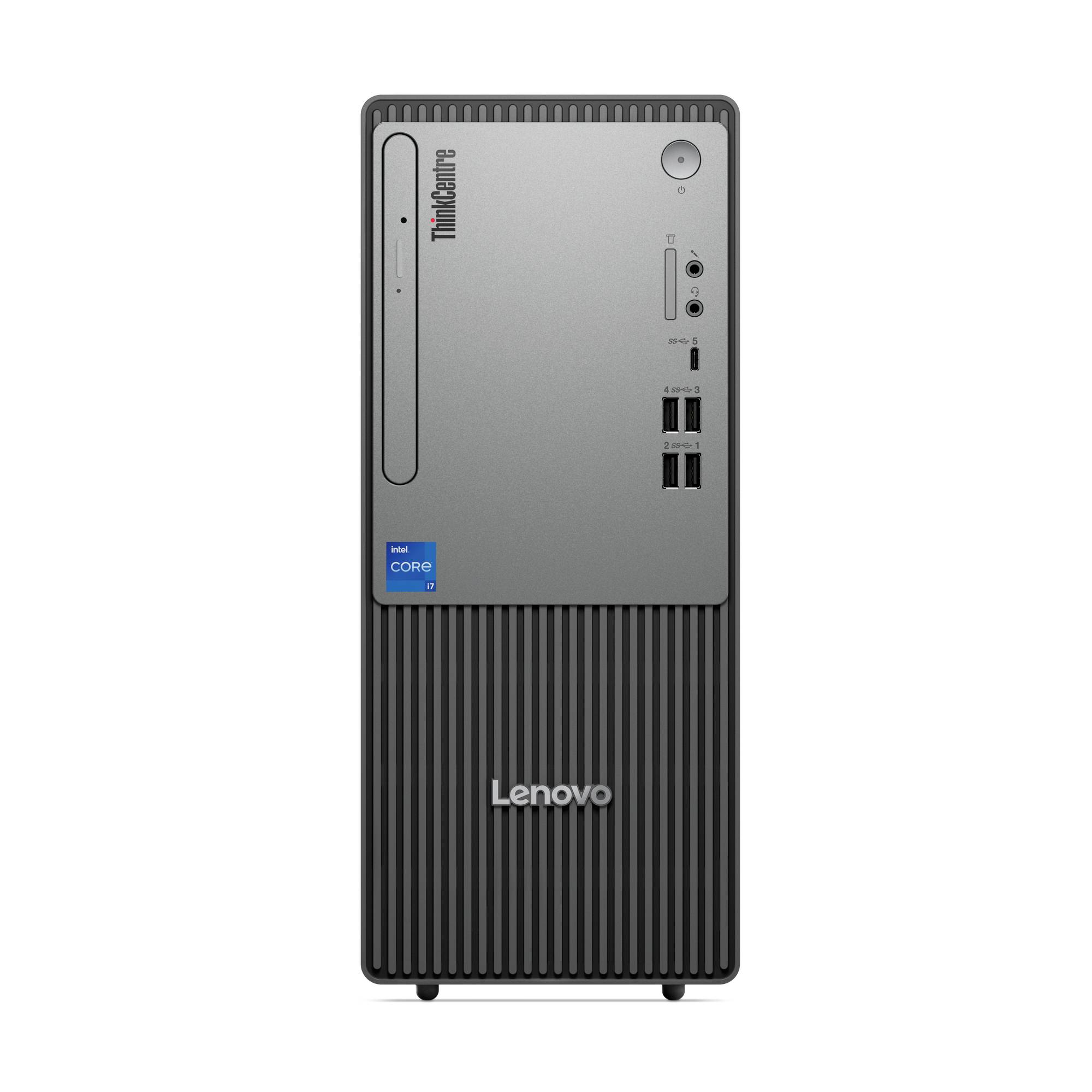 Frontansicht eines Lenovo ThinkCentre Desktop-Towers mit Frontblende-Anschlüssen, Laufwerk, Stromschalter und Intel Core-Aufkleber.