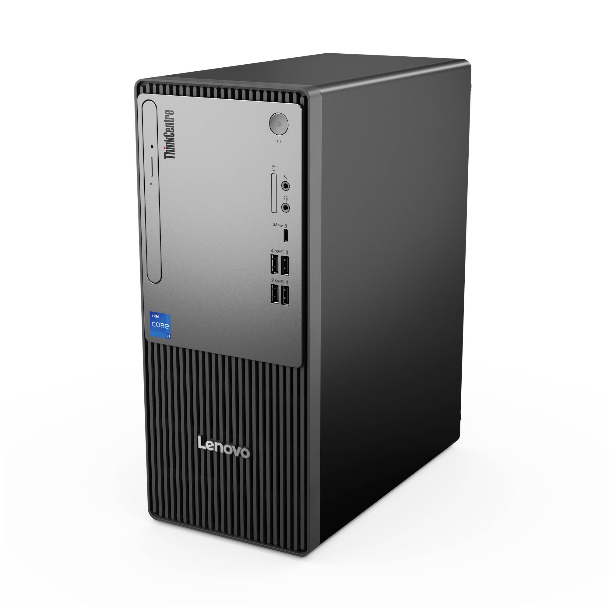 Lenovo ThinkCentre Desktop-Tower-Computer, schwarz mit USB- und Audio-Anschlüssen an der Vorderseite auf einfachem Hintergrund.