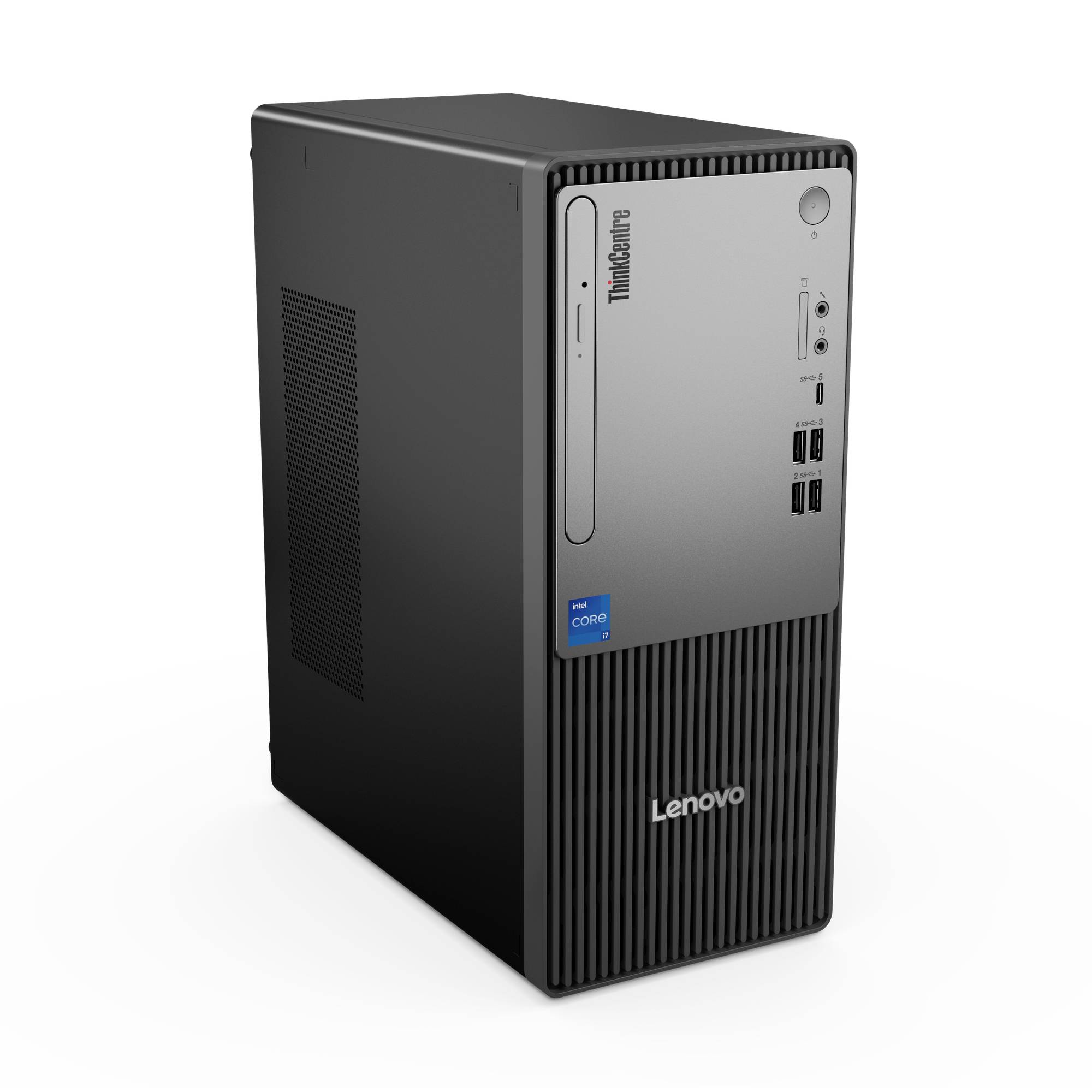 Schwarzer Lenovo ThinkCentre Desktop-Turm-Computer in schräger Ansicht, mit vorderen USB-Anschlüssen, Audiobuchsen und Ein-/Ausschalter.