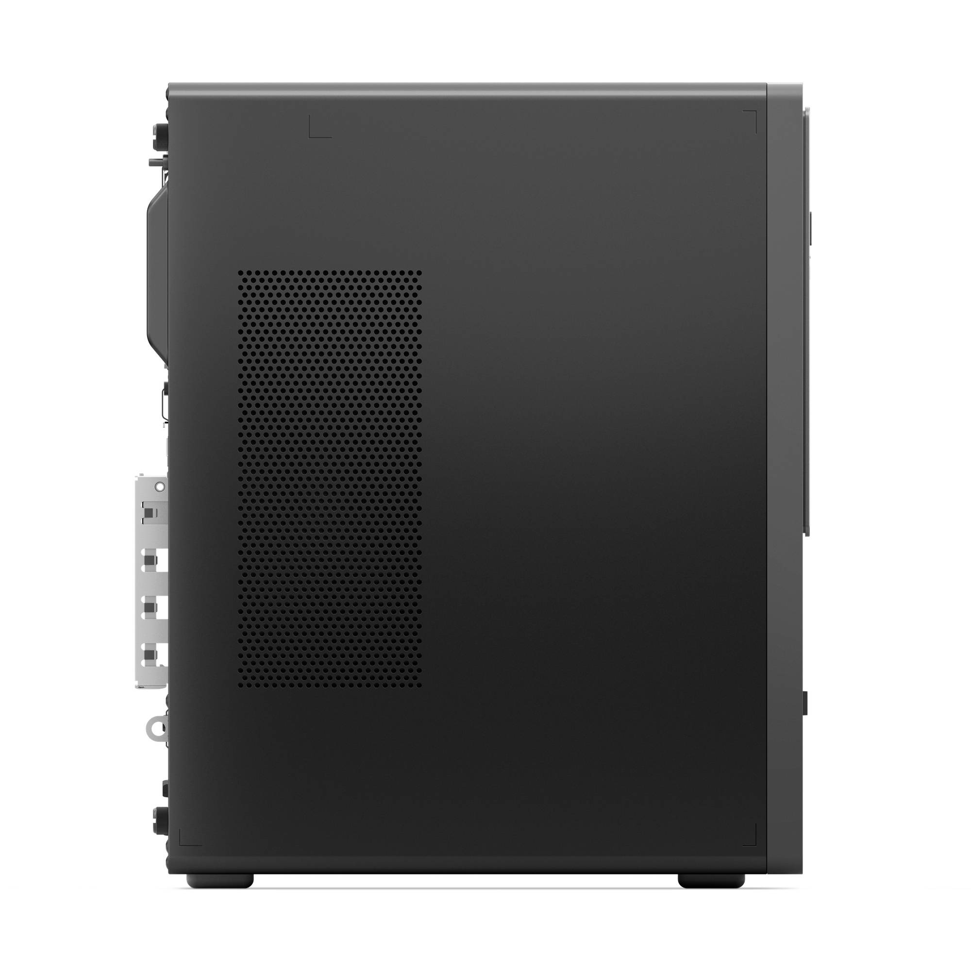 Seitenansicht eines schwarzen Desktop-Computer-Gehäuses mit perforiertem Belüftungspanel und auf der linken Seite sichtbaren hinteren Ein-/Ausgabeanschlüssen.
