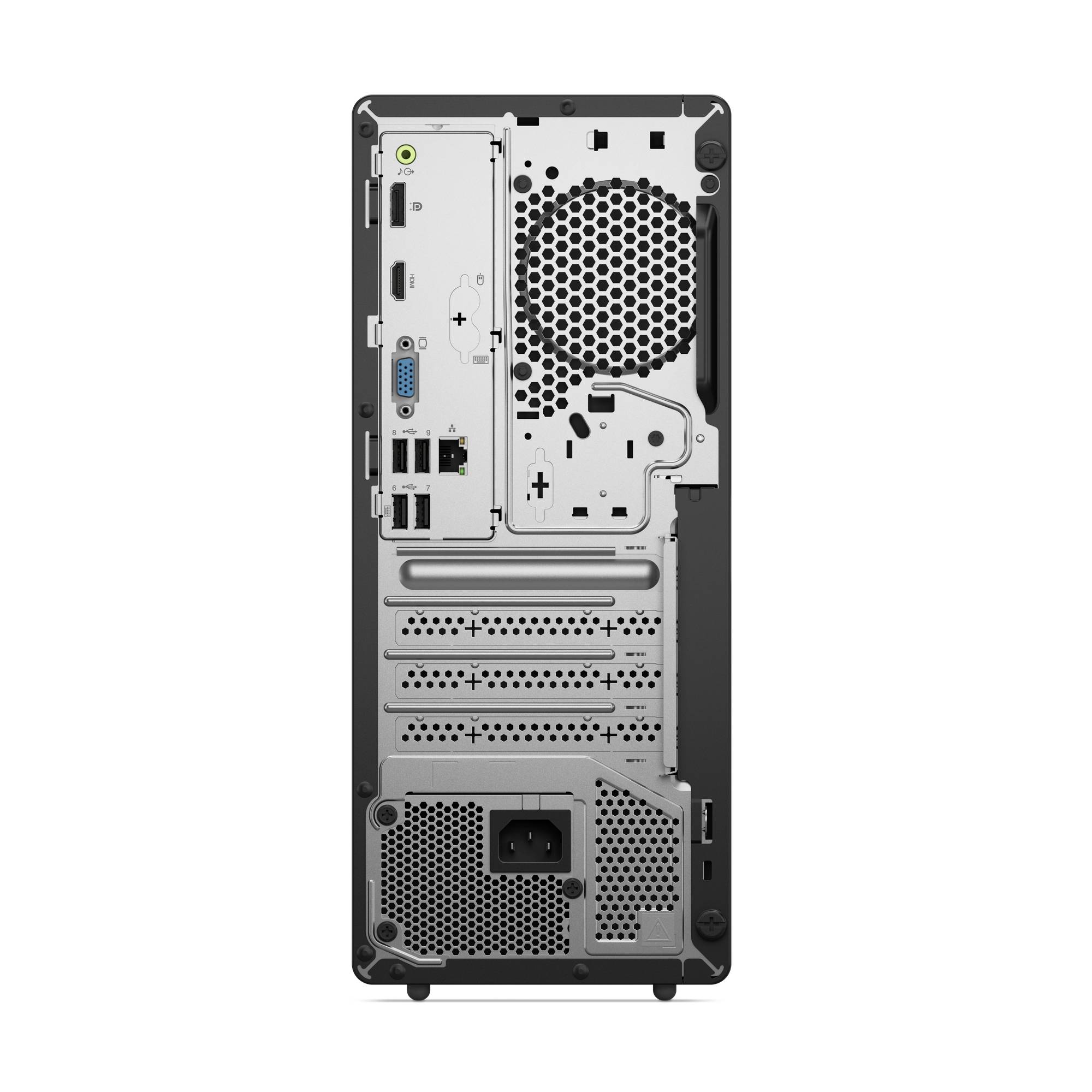 Rückseite eines Desktop-PC-Gehäuses mit Belüftungsgittern, Erweiterungssteckplätzen, Stromversorgung und rückwärtigen E/A-Anschlüssen.