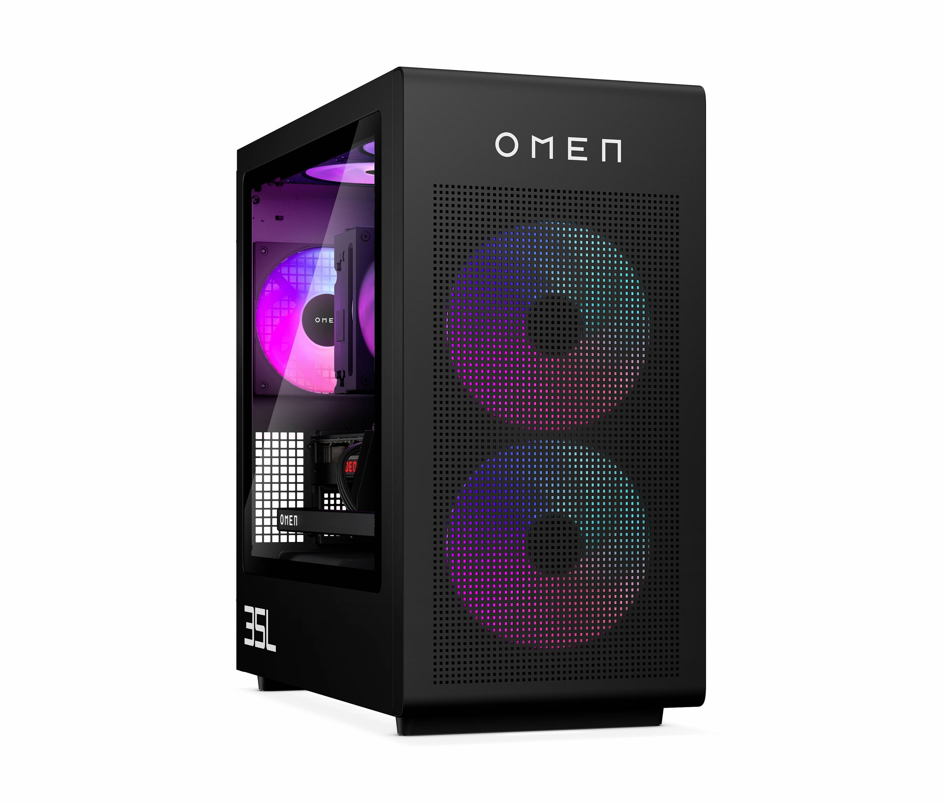 Schwarzer OMEN Desktop-Gaming-PC-Tower mit frontem Mesh und RGB-beleuchteten Lüftern, die durch das Seitenpanel sichtbar sind.