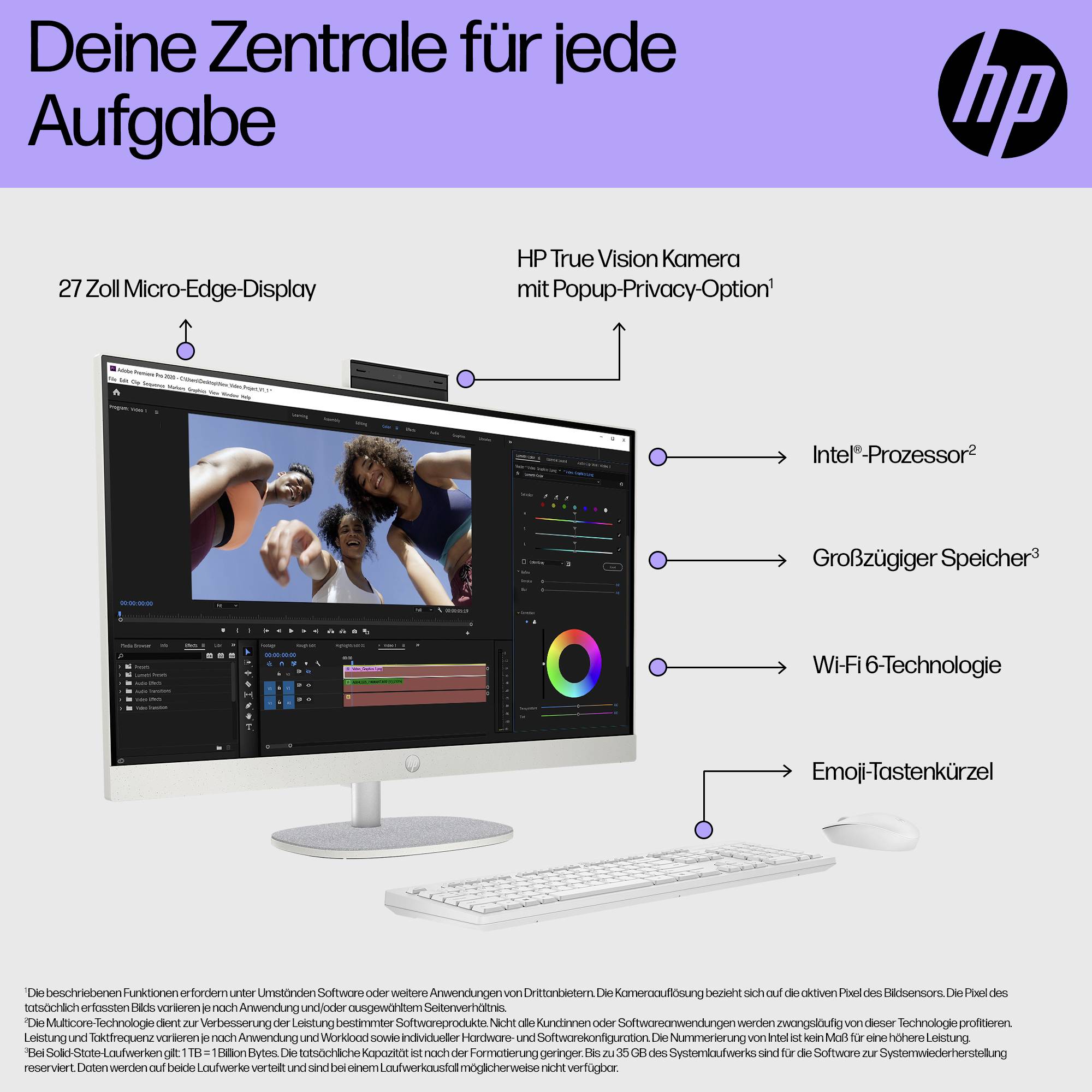 HP All-in-One Desktop-Anzeige mit deutschem Überschrift "Deine Zentrale für jede Aufgabe", die einen 27-Zoll-Micro-Edge-Display, eine Webcam und Beschriftungen für Intel-Prozessor, reichlich Speicher, Wi-Fi 6 und Emoji-Tastaturkürzel zeigt.