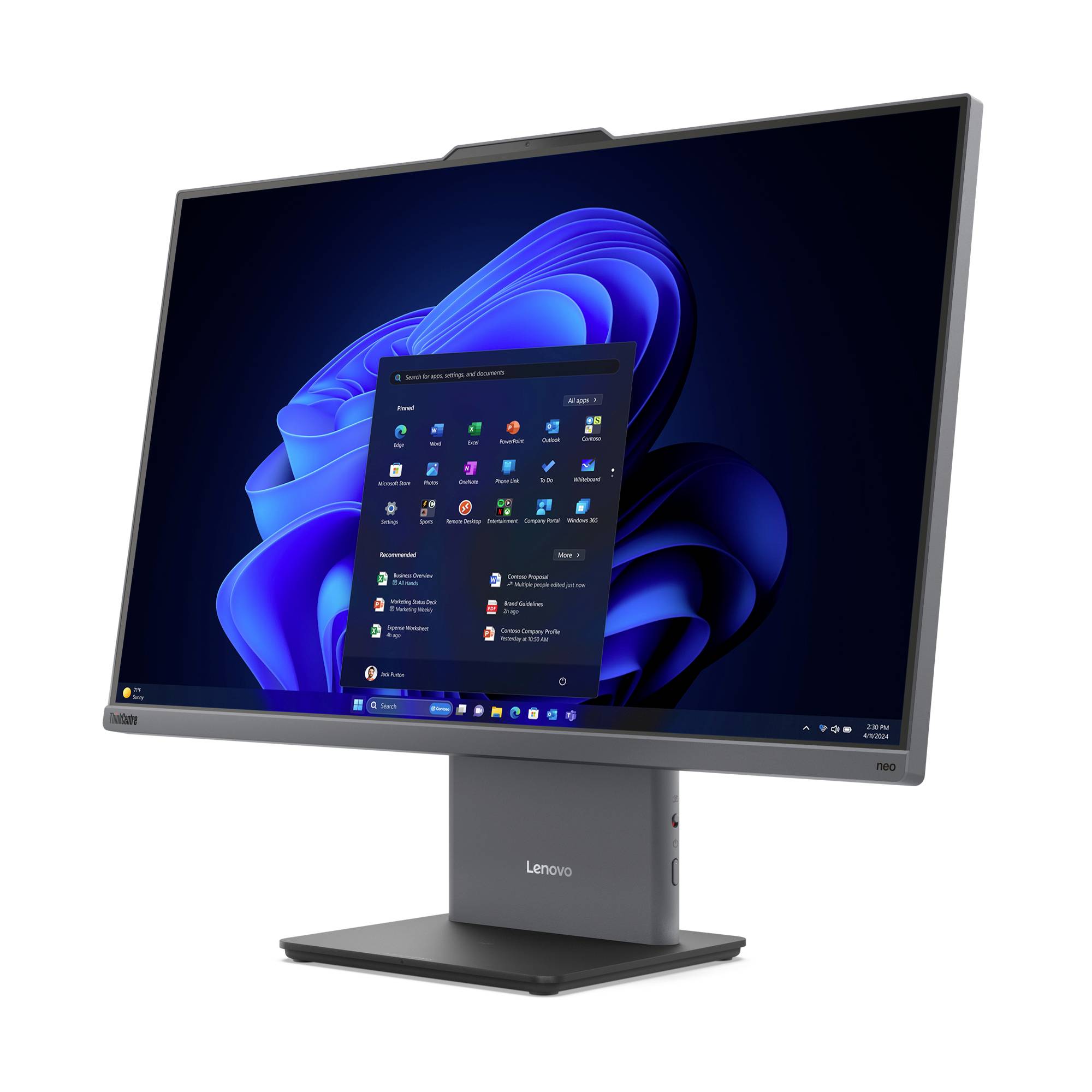 Lenovo Touchscreen-Monitor, der den Windows 11-Desktop mit offlenem Startmenü anzeigt.