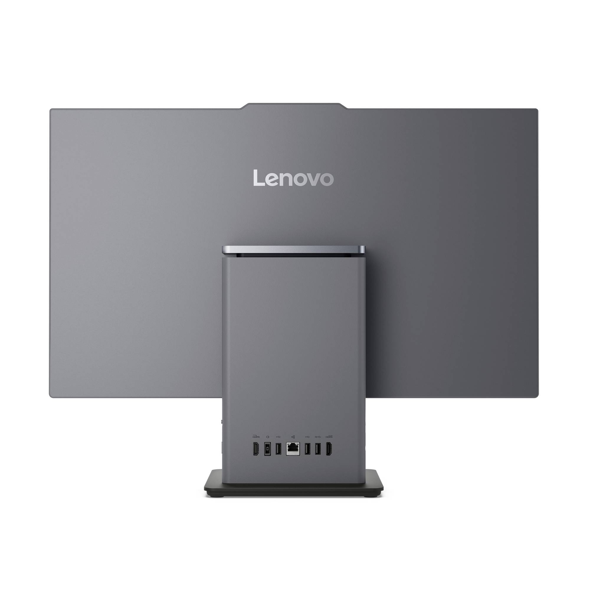 Rückansicht eines Lenovo-Monitors mit zentralem Ständer und sichtbaren Anschlüssen auf der Rückseite.