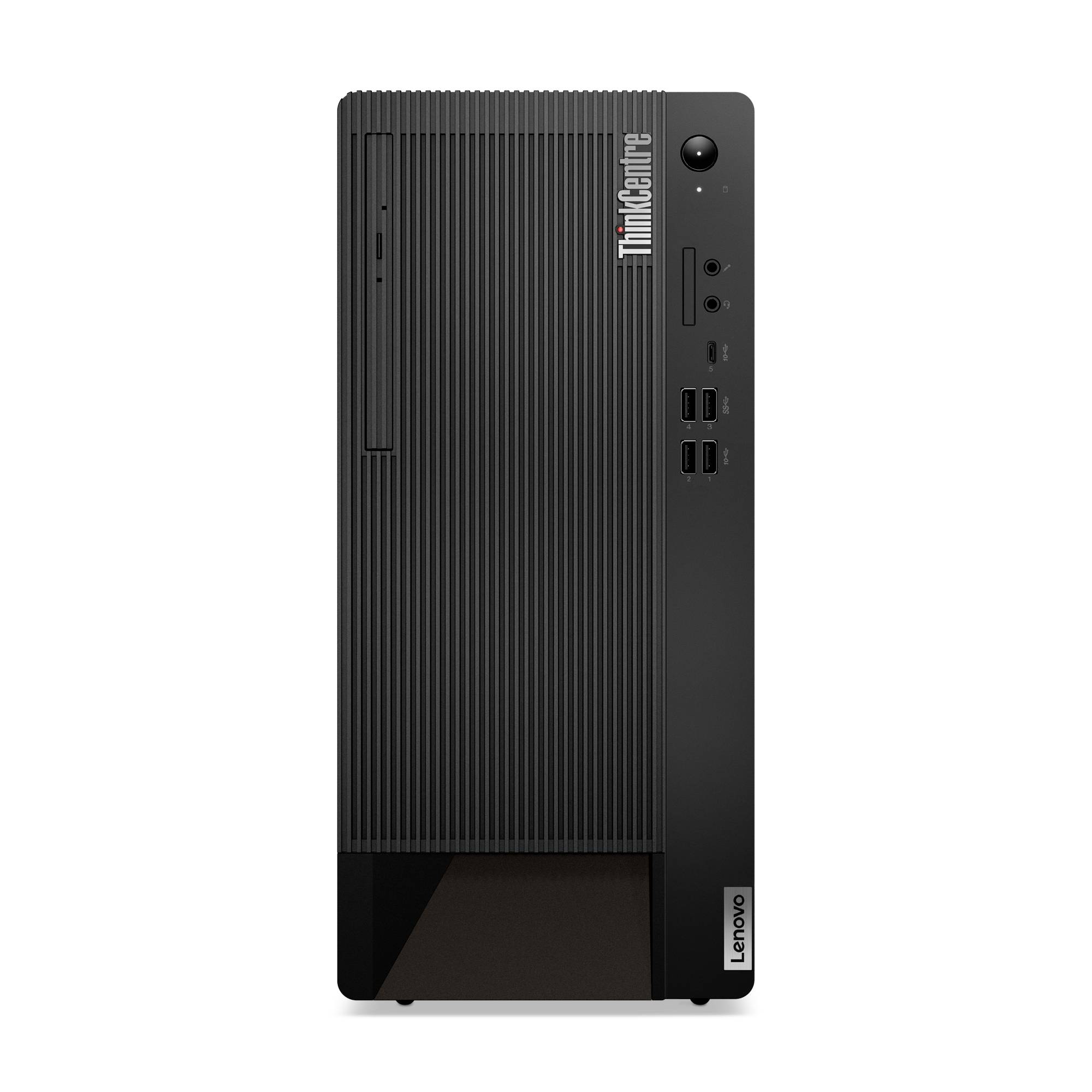 Vorderansicht eines Lenovo ThinkCentre Desktop-Towers mit gerillter schwarzer Frontplatte, Stromschalter, Anschlüssen und ThinkCentre-Branding