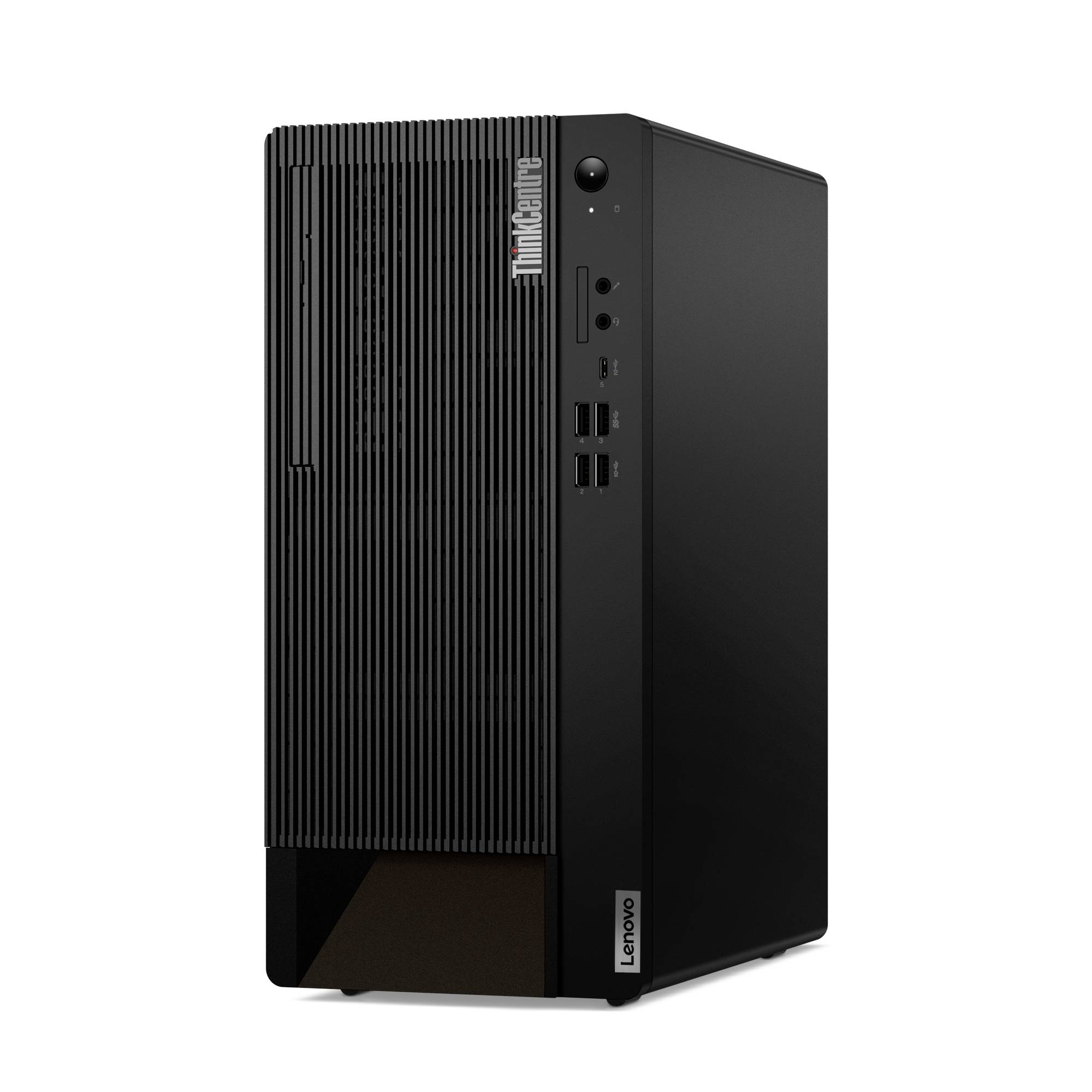 Schwarzer Lenovo ThinkCentre Desktop-Tower-Computer, gezeigt auf weißem Hintergrund.