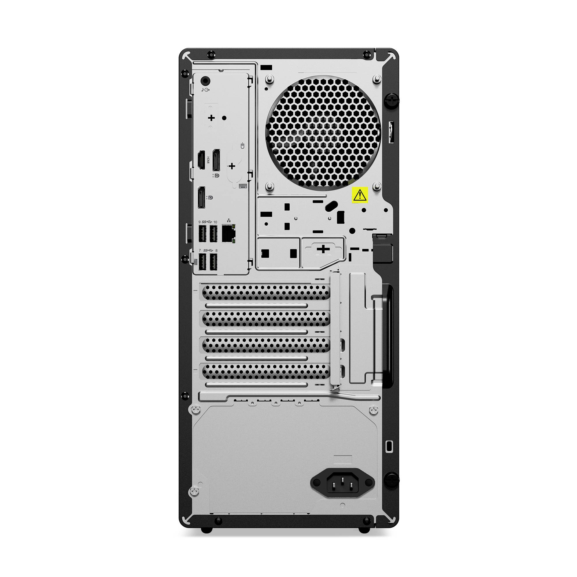 Rückansicht eines Desktop-PC-Gehäuses mit Anschlüssen, Erweiterungssteckplätzen, Kühlungslüftungsöffnung und Stromanschluss.