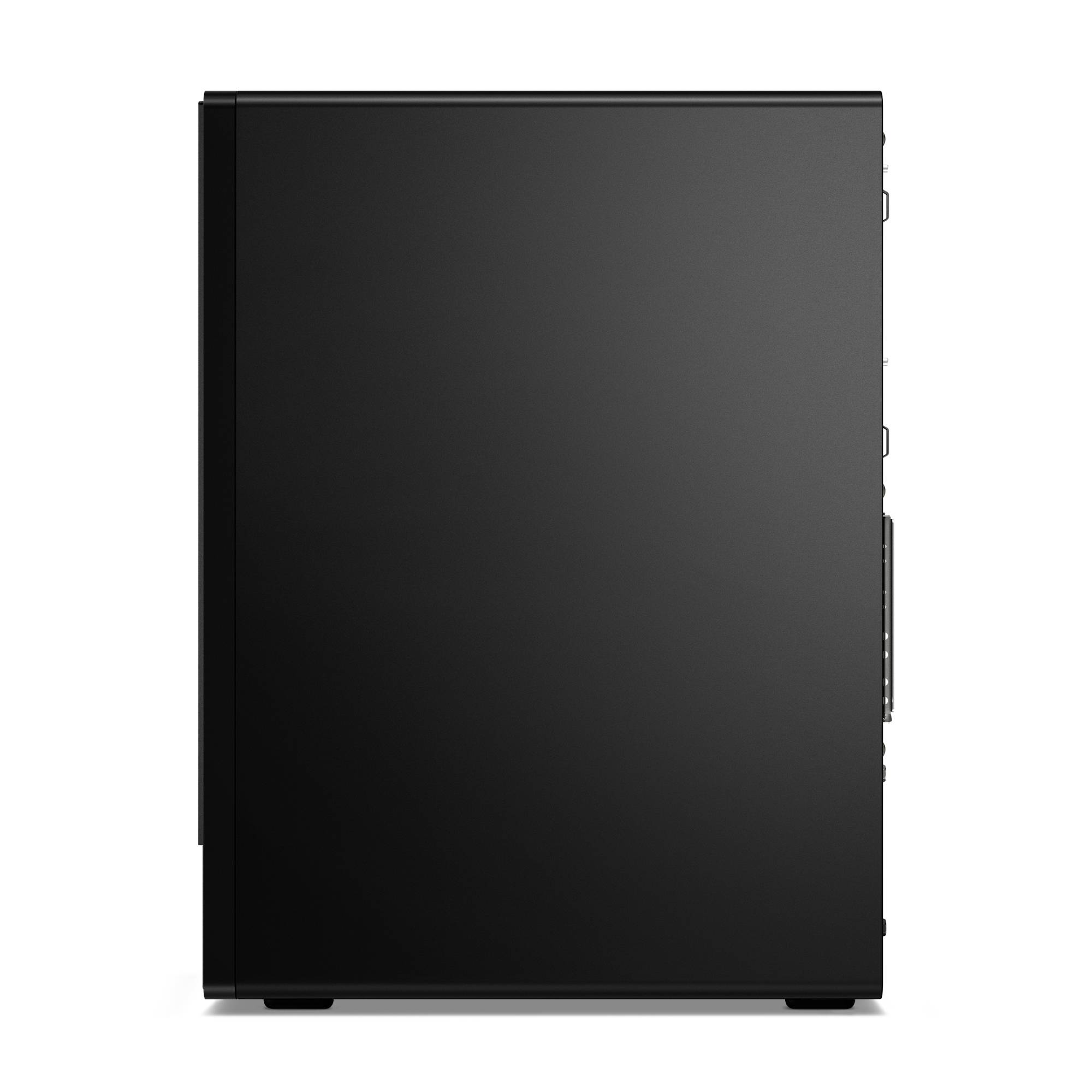 Vorderansicht eines schwarzen Computer-Gehäuses mit einem schlichten, minimalistischen Design und sichtbaren Seitenpanel-Kanten.