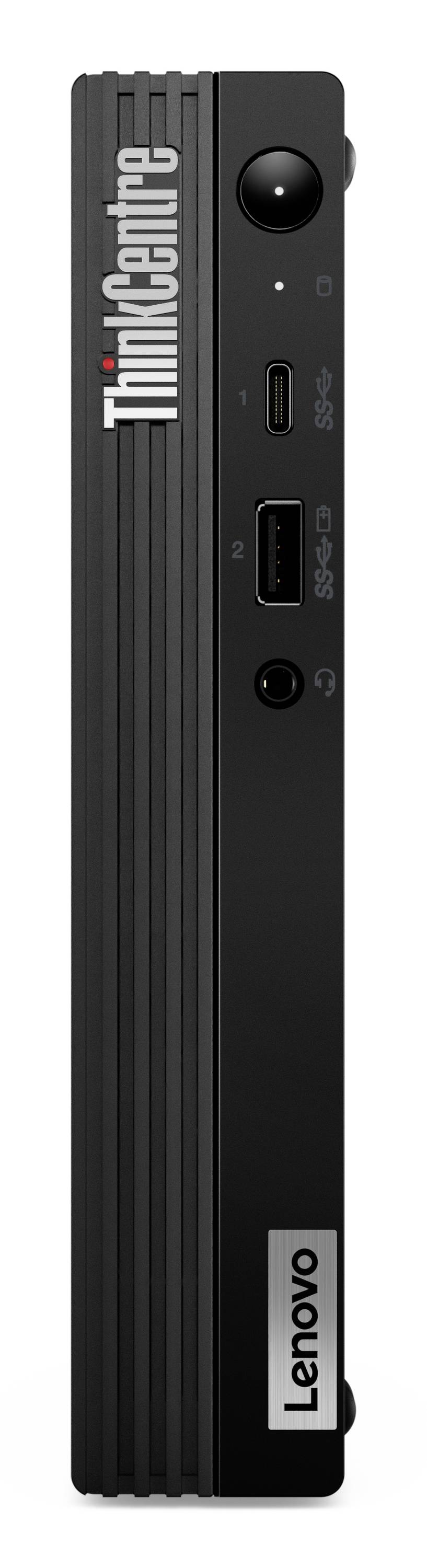 Lenovo ThinkCentre Mini-Desktop-Tower mit vorderer Ein-/Aus-Taste, USB-Anschlüssen und Kopfhöreranschluss.