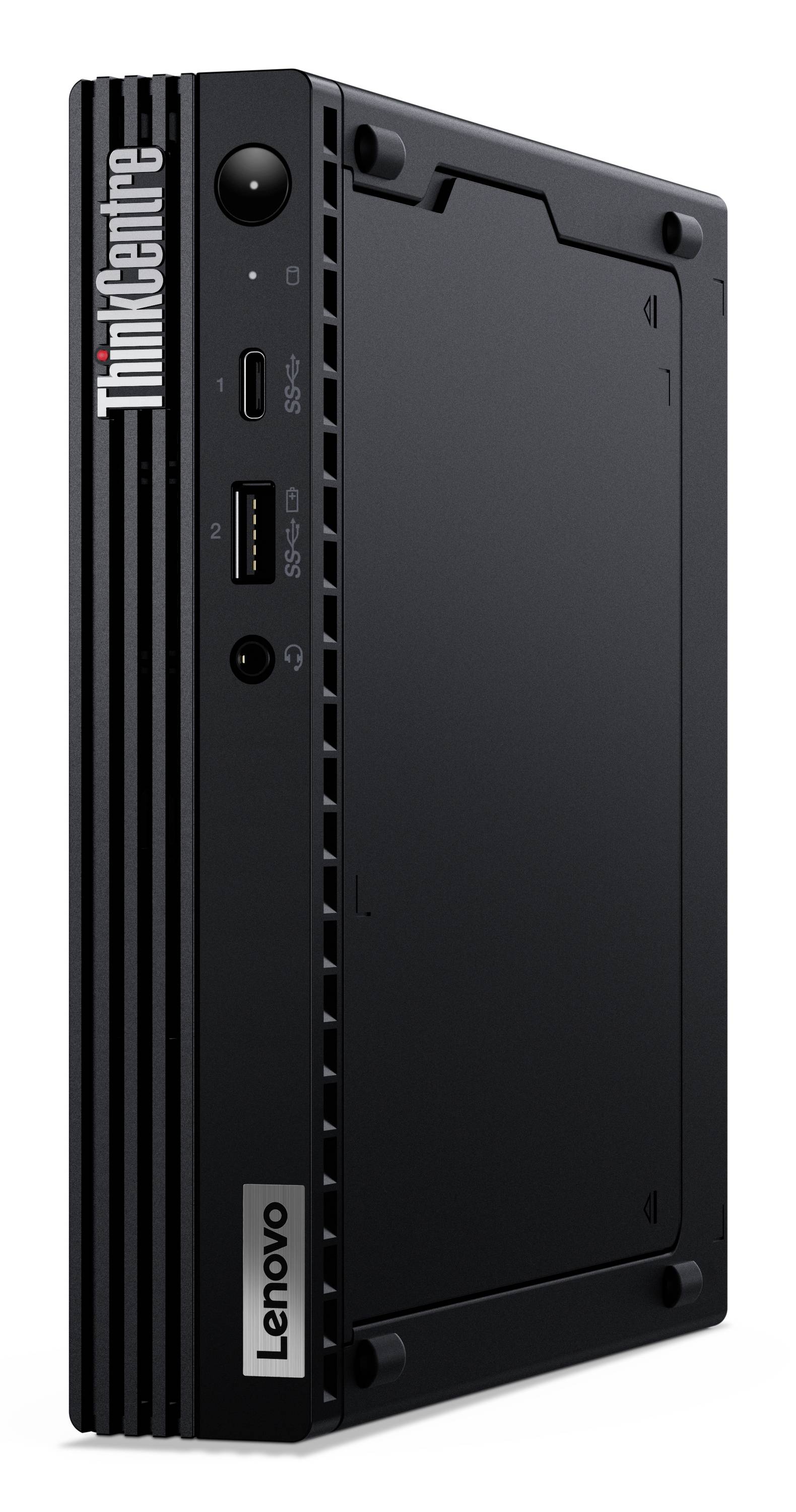 Ein aufrecht stehender Lenovo ThinkCentre Desktop-Mini-PC mit schwarzer Lüftungsseite, sichtbaren vorderen Anschlüssen und Rückseite.