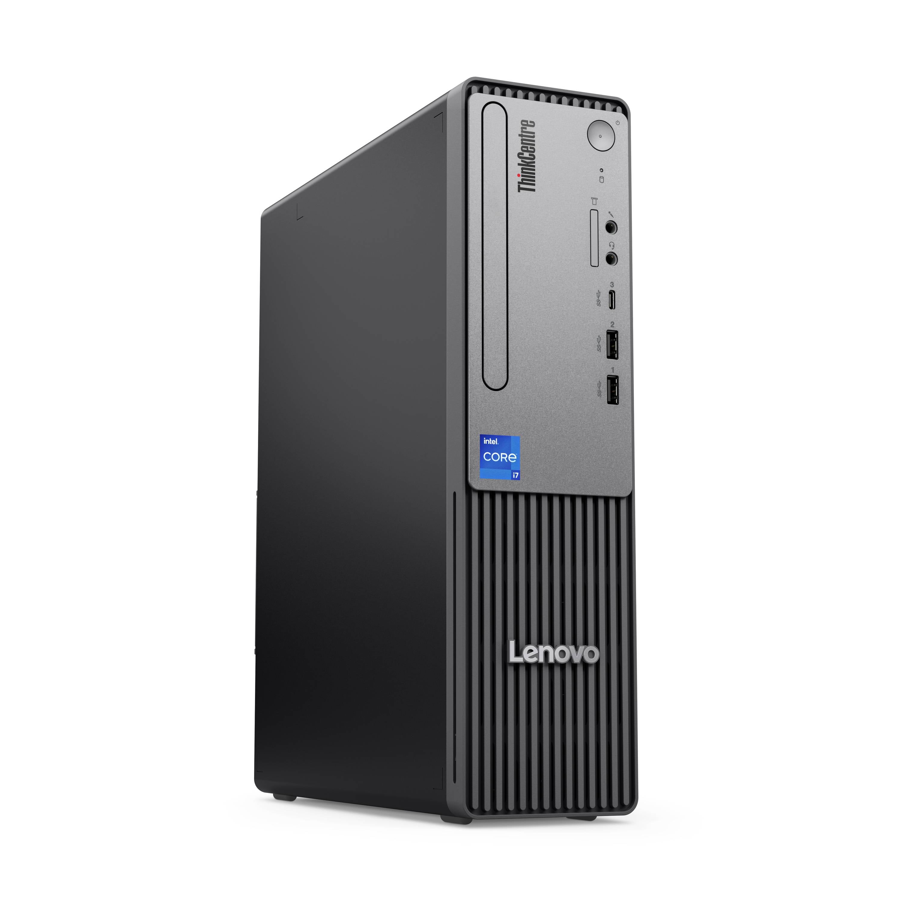 Schwarzer Lenovo ThinkCentre Desktop-Tower-Computer mit Frontstromschalter, USB-Anschlüssen und Intel-Core-Aufkleber.