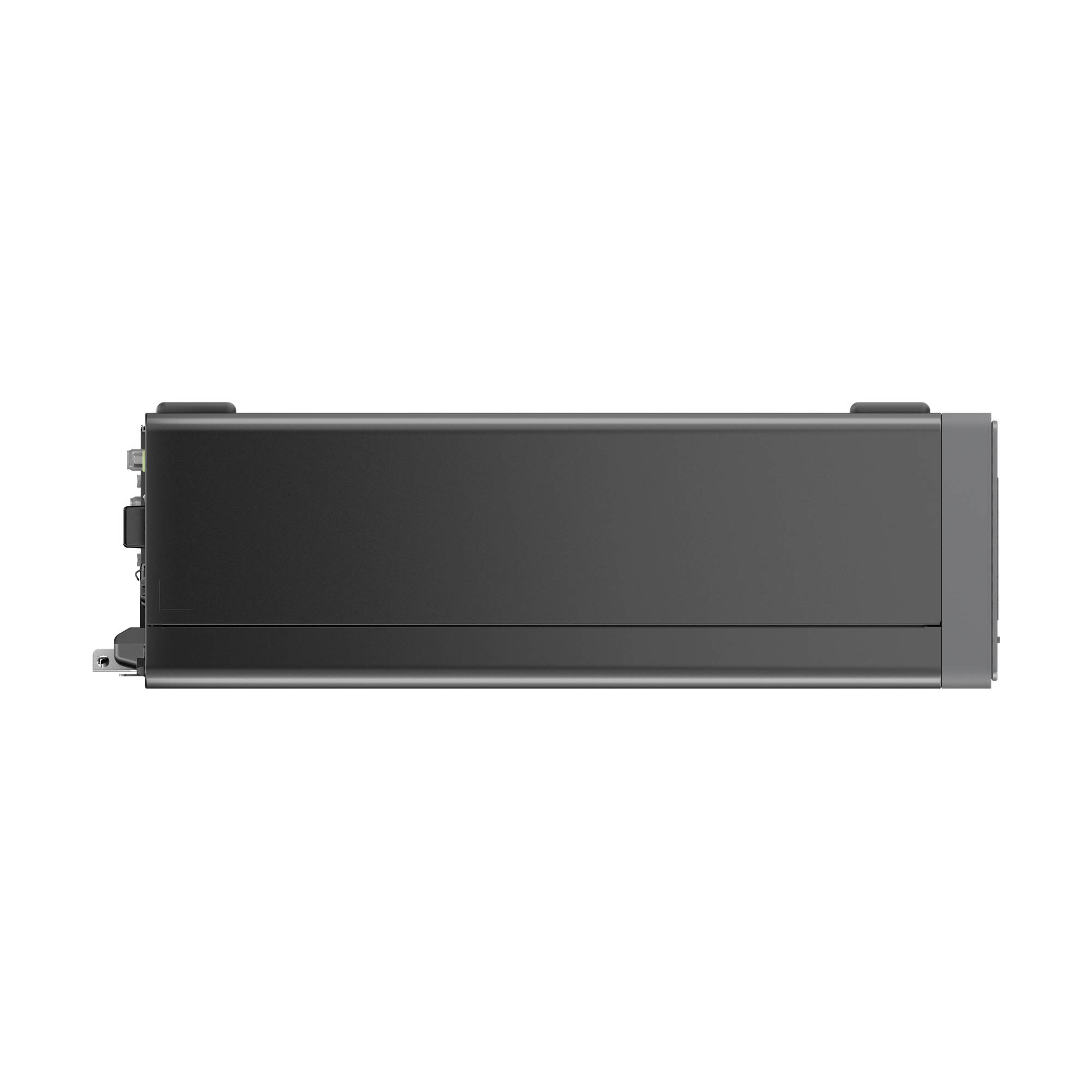 Seitenansicht eines langen schwarzen rechteckigen elektronischen Moduls mit Montagelaschen und Anschlüssen auf weißem Hintergrund.