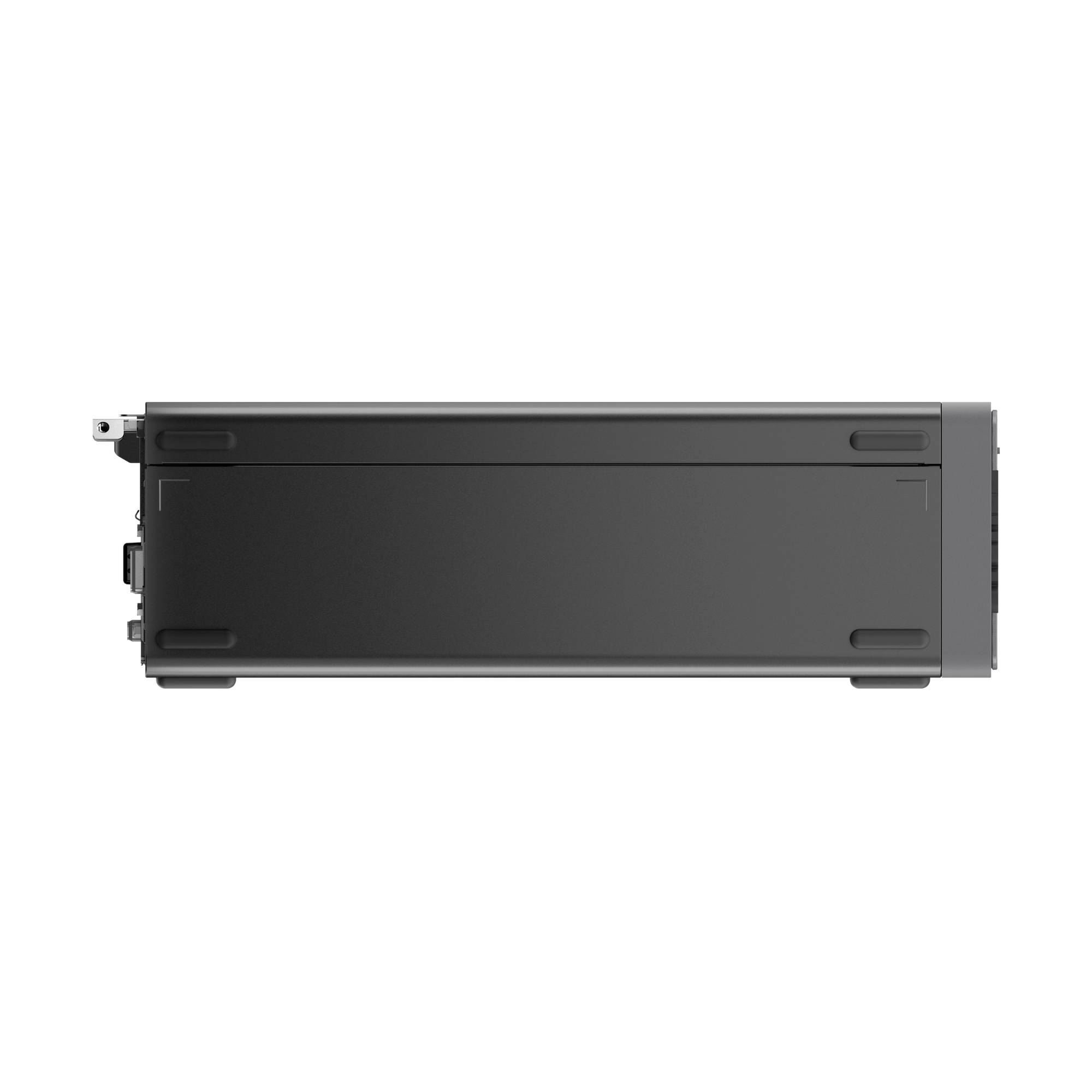 Dunkelgraues rechteckiges elektronisches Modul in Seitenansicht auf weißem Hintergrund, mit Steckverbindern auf der linken Seite und einer helleren Endkappe auf der rechten Seite.