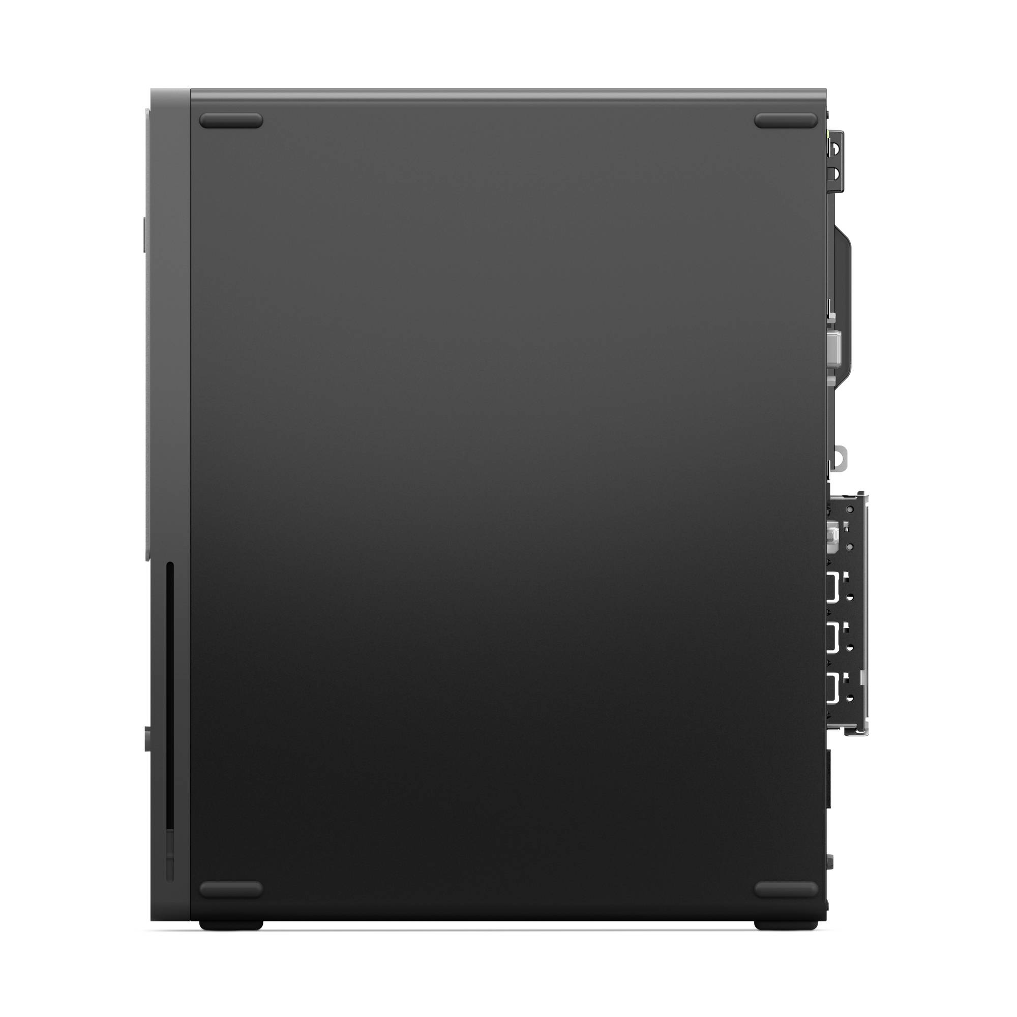 Vorderansicht eines schwarzen Computer- oder Server-Gehäuses mit seitlich angebrachten Anschlüssen und Steckverbindern, die an der rechten Kante sichtbar sind.