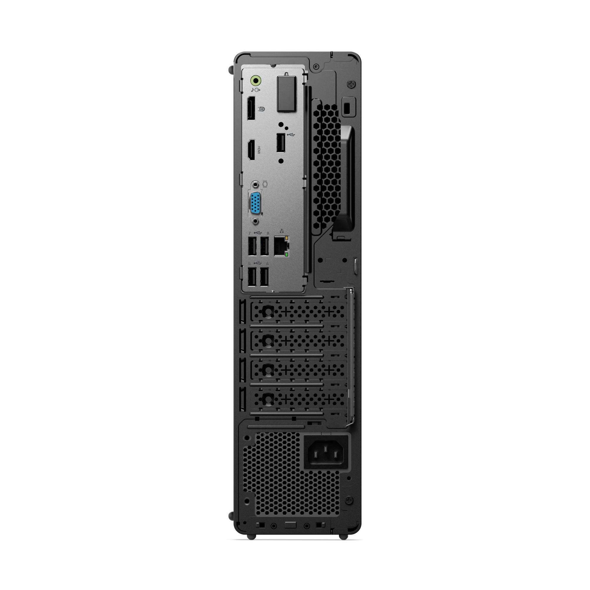 Rückansicht eines Desktop-Computer-Gehäuses mit Erweiterungssteckplätzen, USB- und Videoanschlüssen, Lüftungsgitter und Stromstecker.