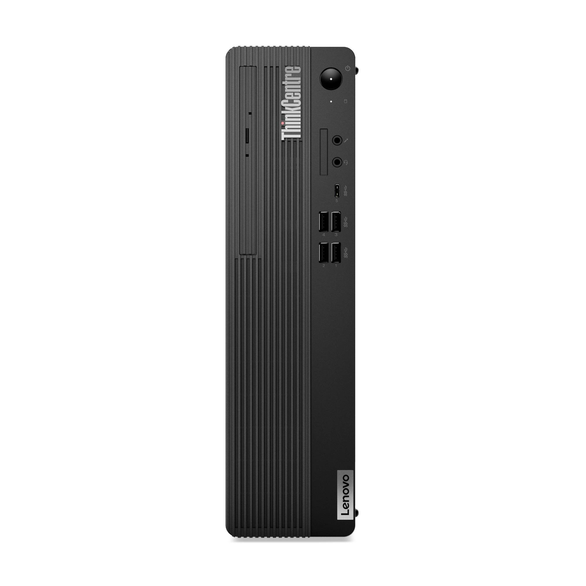 Ein Lenovo ThinkCentre Desktop-Tower, vertikal dargestellt, mit sichtbaren vorderen Anschlüssen und Laufwerkschächten auf einfachem weißem Hintergrund.