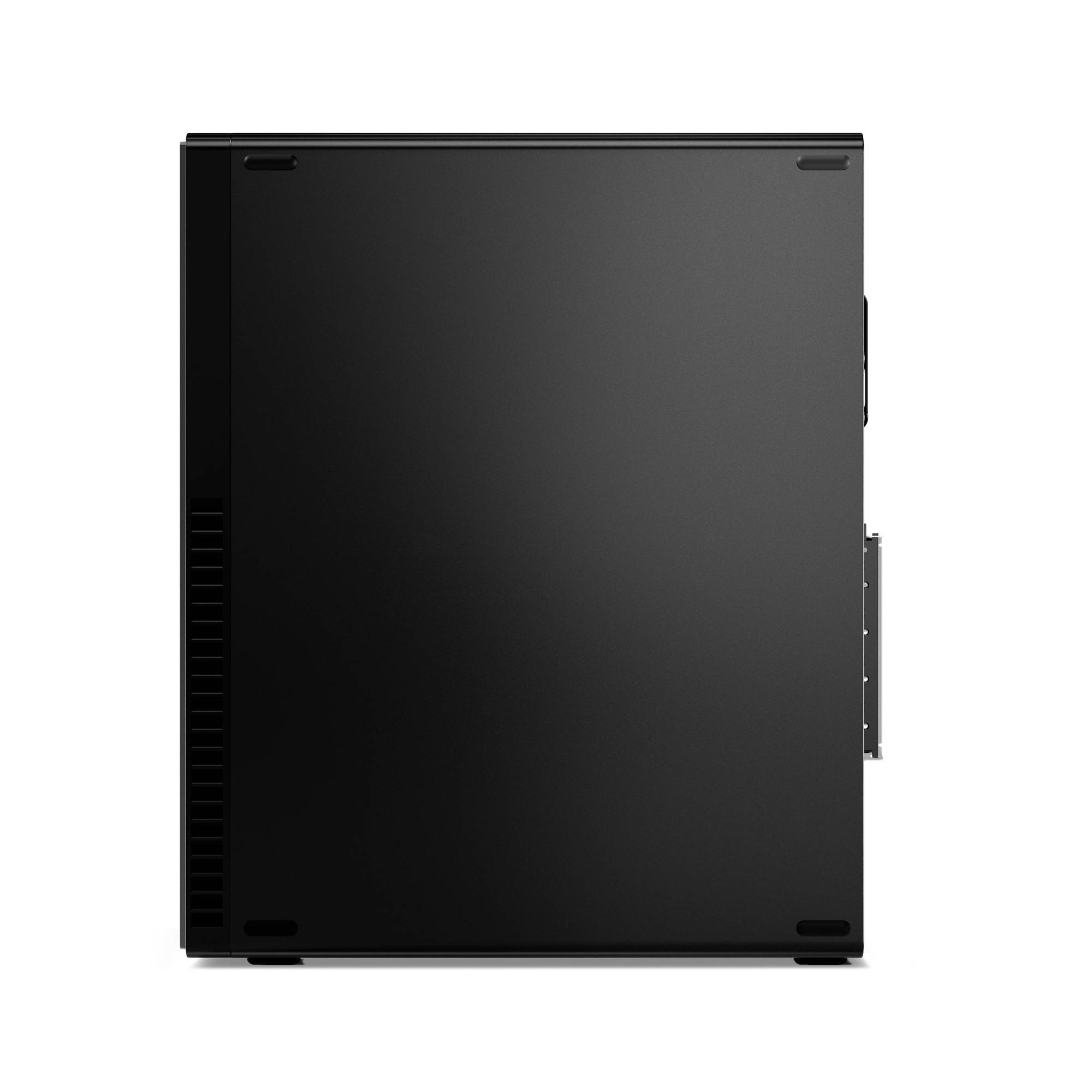 Schwarzes rechteckiges elektronisches Gerät von der Seite gesehen, mit einem Belüftungspanel und Anschlussanschlüssen an der rechten Kante.