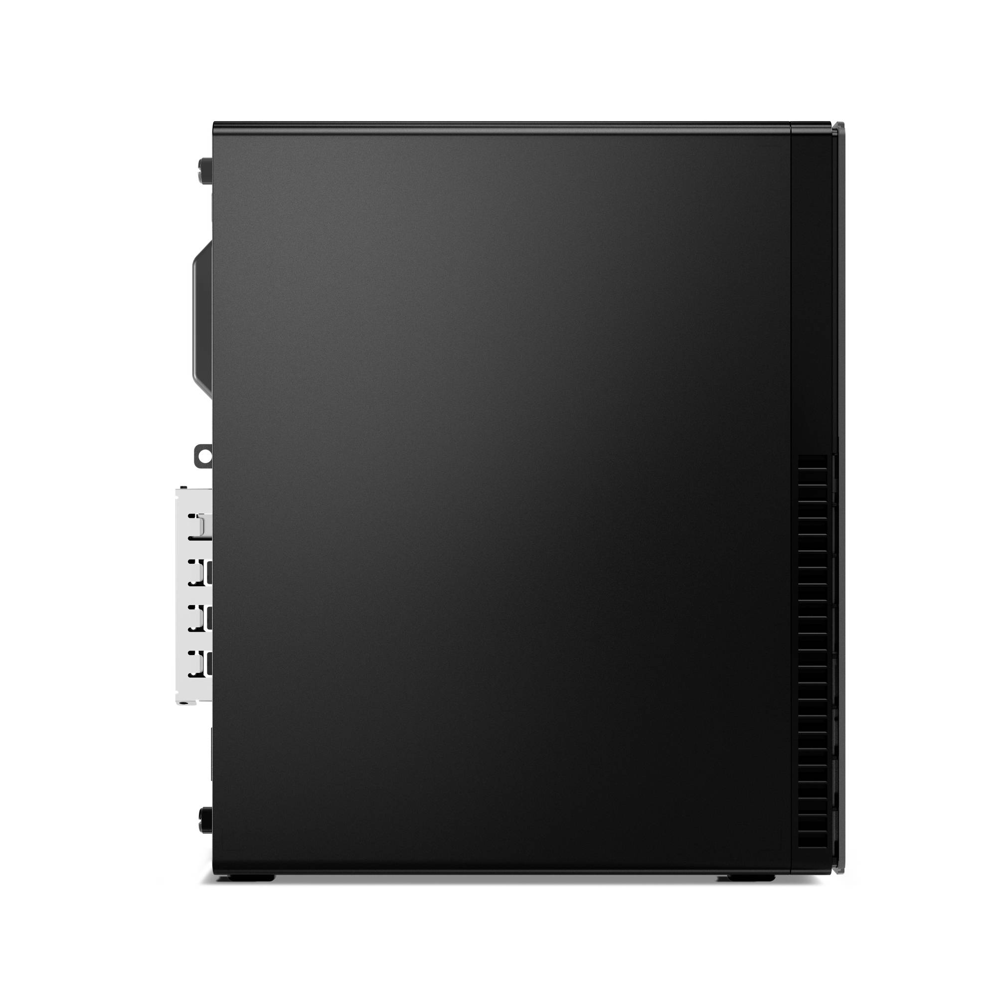Seitenansicht eines schwarzen elektronischen Geräts oder Computerkomponenten mit belüfteter rechter Kante und Anschlussports auf der linken Seite.