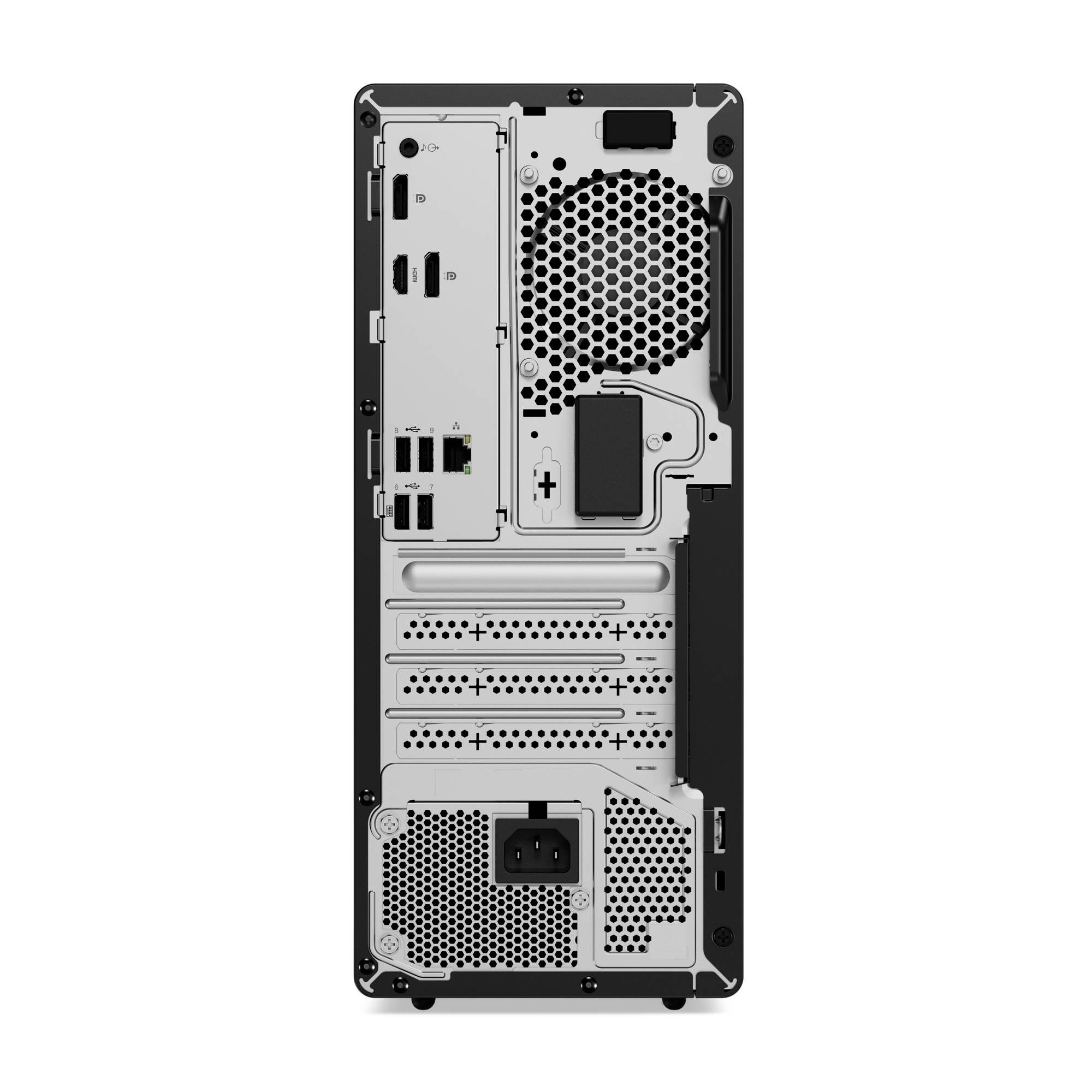 Rückansicht eines Desktop-Computer-Towers, auf der die Motherboard-I/O-Anschlüsse, Erweiterungssteckplätze, Netzteil und Kühlöffnungen zu sehen sind.