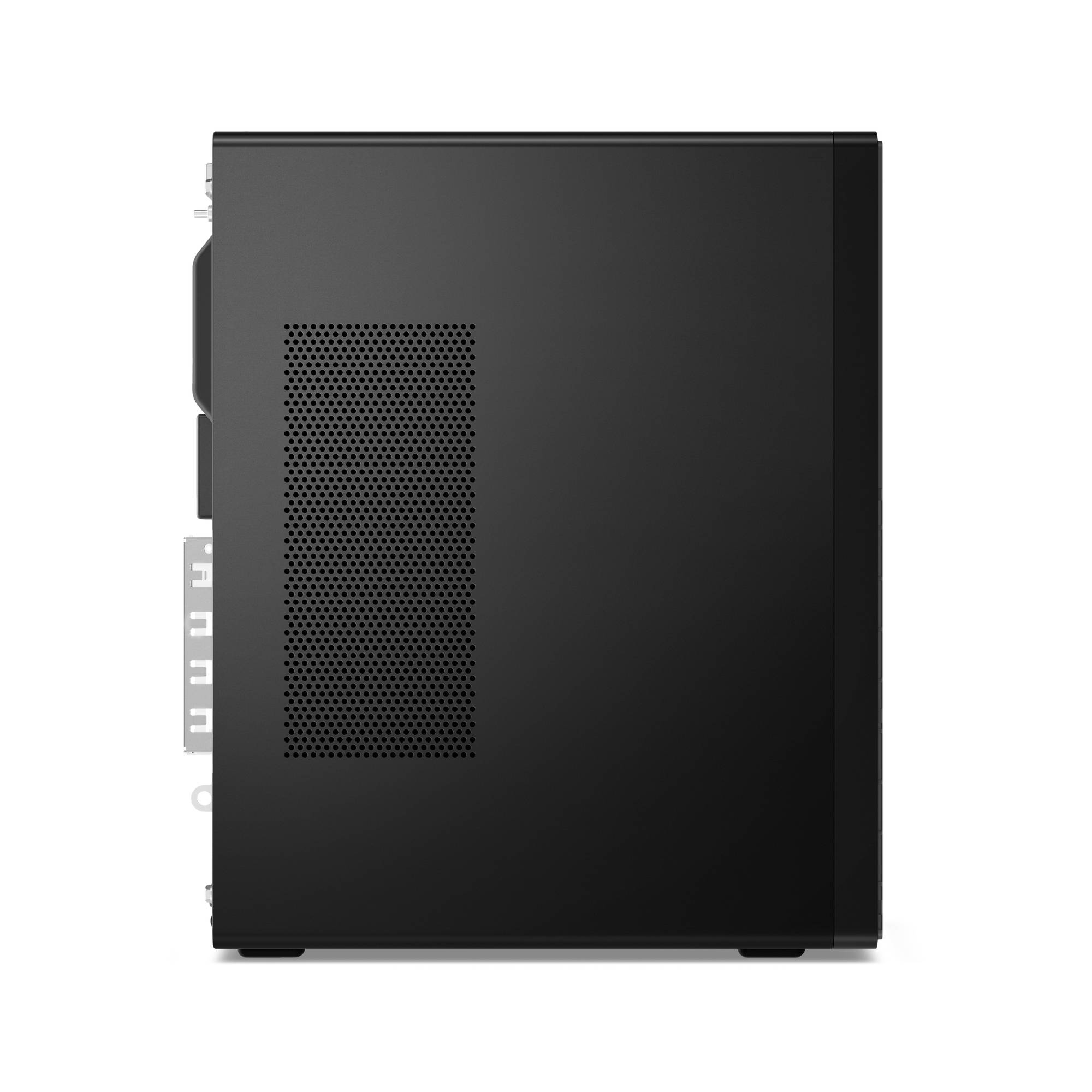 Schwarzes Computer-Gehäuse in Seitenansicht mit durchlöchertem Belüftungspanel und sichtbaren hinteren Erweiterungssteckplätzen.