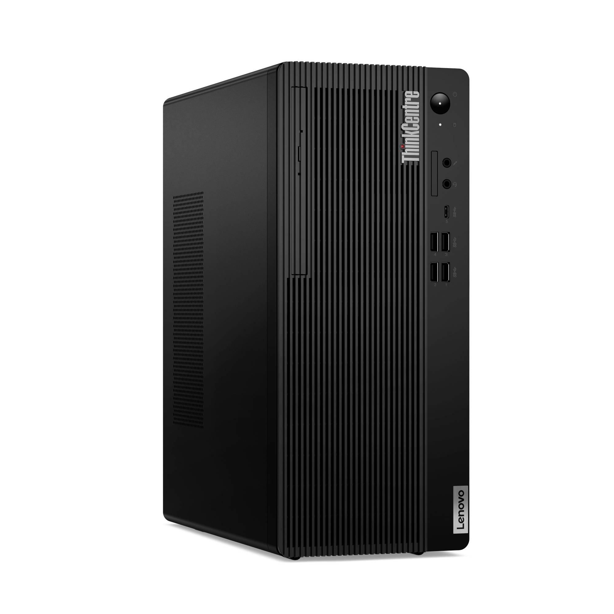 Schwarzer Lenovo ThinkCentre Desktop-Turm auf weißem Hintergrund, Vorderansicht mit vertikalem Gitter und USB-Anschlüssen.