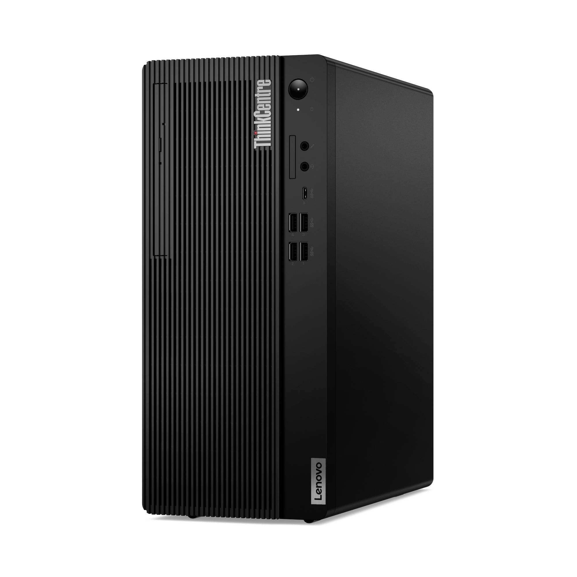 Schwarzer Lenovo ThinkCentre Desktop-Tower-Computer auf weißem Hintergrund gezeigt.
