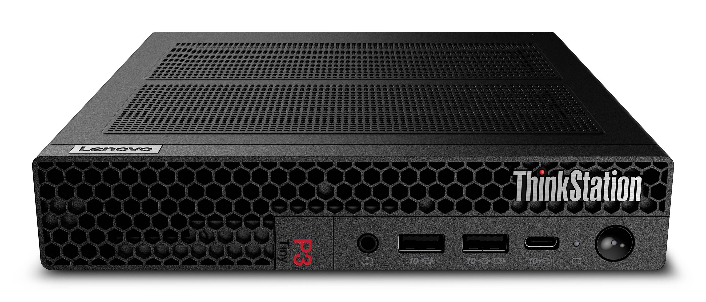 Vorderansicht einer Lenovo ThinkStation P3 Desktop-Workstation mit Mesh-Frontblende, Logo und vorderen Anschlüssen/Netzschalter.