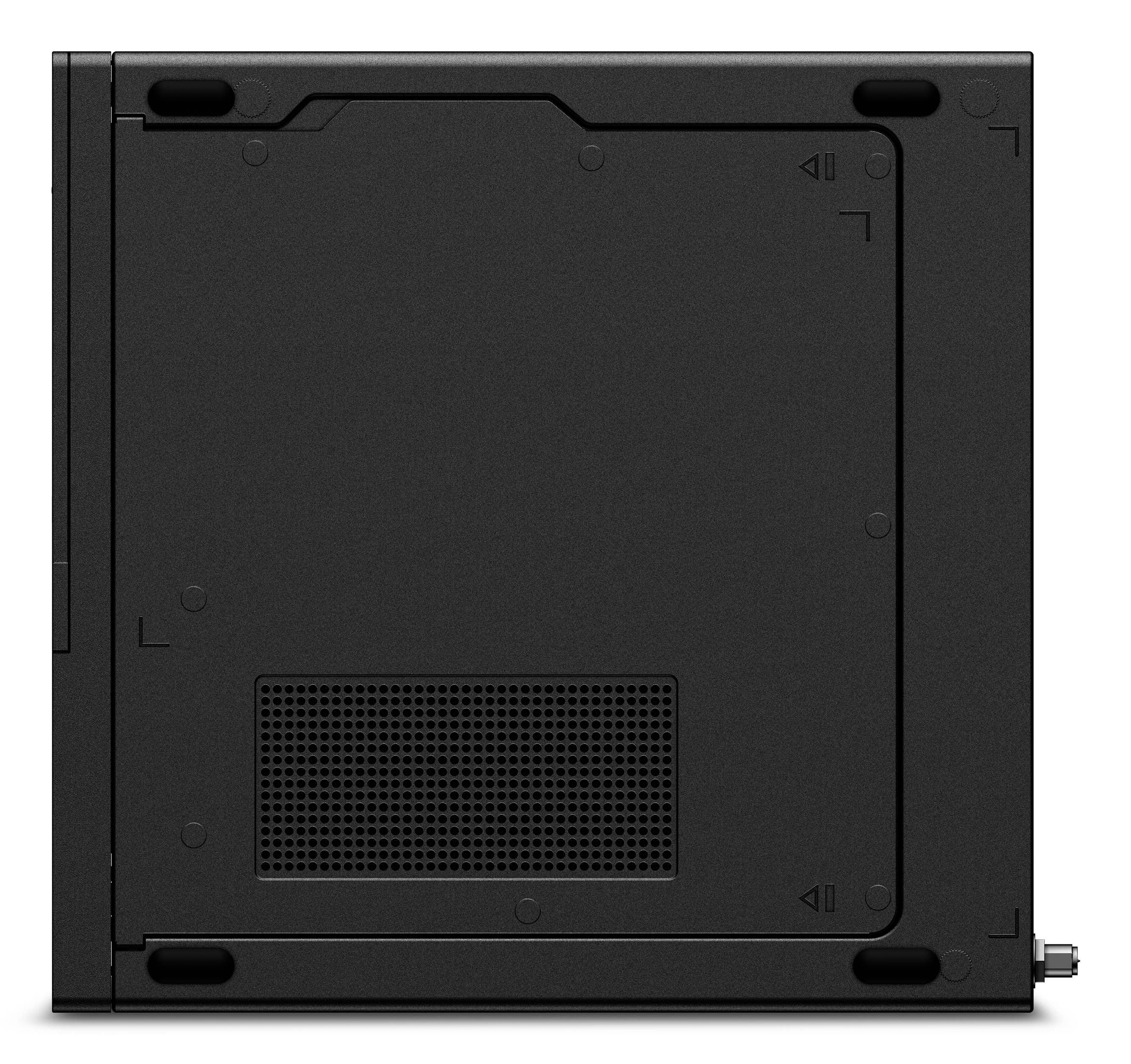 Unteransicht eines schwarzen elektronischen Geräts oder Laptops, die ein Lüftungsgitter, Gummifüße, Zugriffsfeld-Nähte und einen kleinen Seitenstecker auf der rechten Seite zeigt.