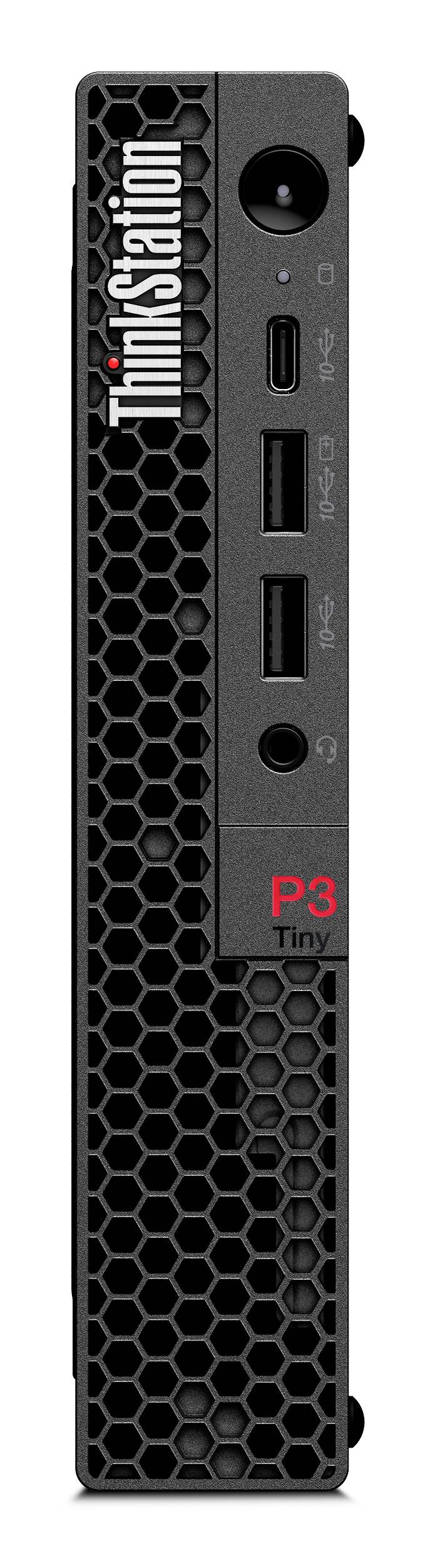 Vorderansicht eines Lenovo ThinkStation P3 Tiny Mini-Desktops, der das Wabengitter-Frontpanel, den Stromknopf, USB-C- und USB-A-Anschlüsse sowie eine Audiobuchse zeigt.