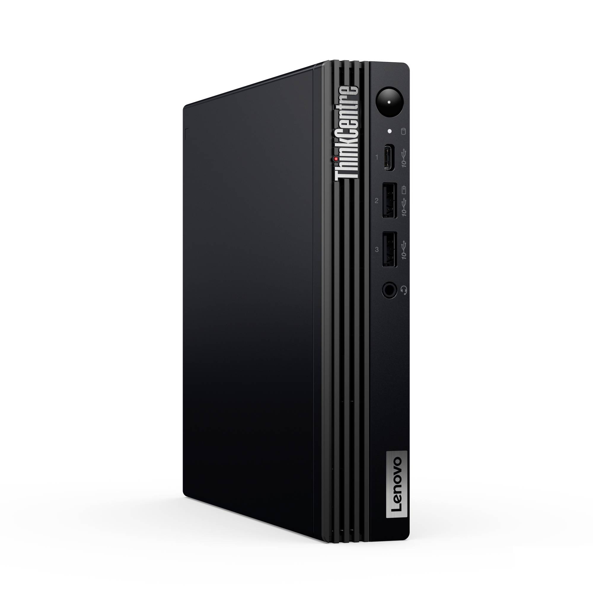 Schwarzer Lenovo ThinkCentre-Desktopturm von vorne links gezeigt, mit Ein-/Aus-Schalter, USB-Anschlüssen und Kopfhörerbuchse auf der Frontplatte.