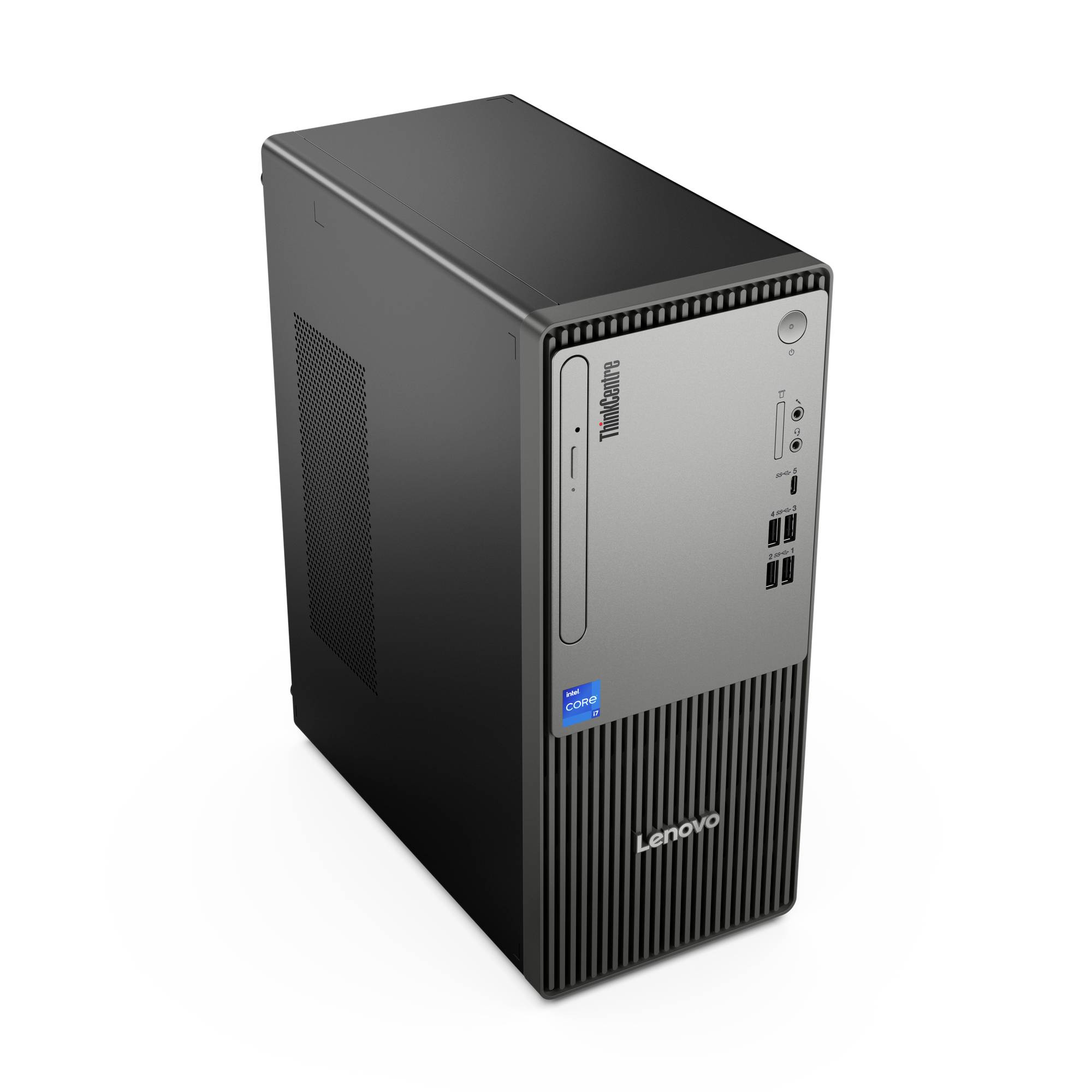 Lenovo ThinkCentre Desktop-Turmcomputer in Dreiviertelsicht, mit vorderer Laufwerkschacht, Netzschalter, USB-Anschlüssen und belüftetem schwarzem Gehäuse.