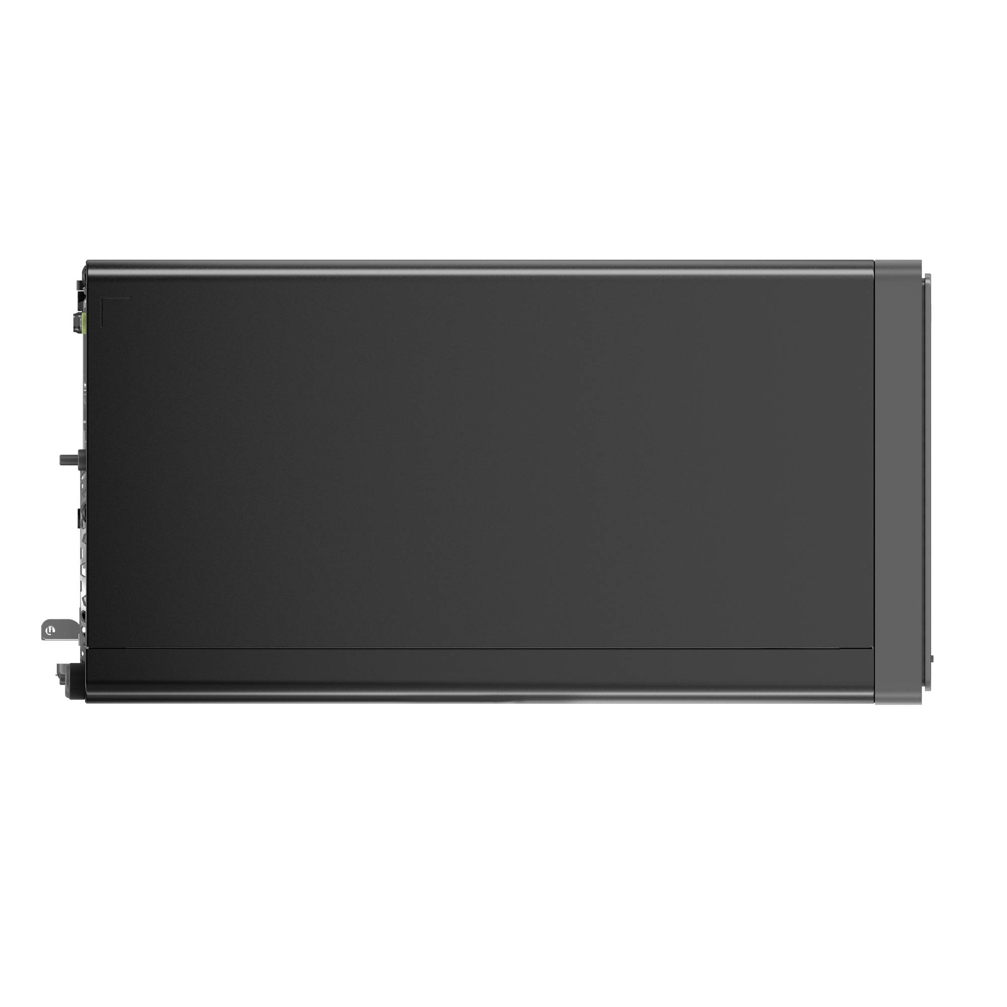 Schwarzes rechteckiges elektronisches Gerät oder Bauteil in Seitenansicht auf weißem Hintergrund.