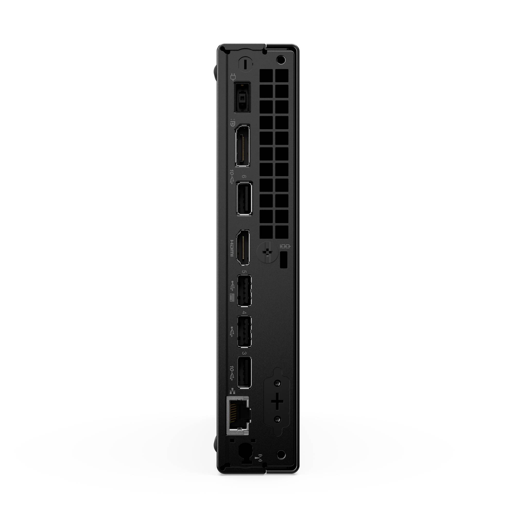 Rückansicht einer schwarzen elektronischen Konsole mit Lüftungsgitter und mehreren Anschlüssen, einschließlich USB-, HDMI- und Ethernet-Verbindungen.
