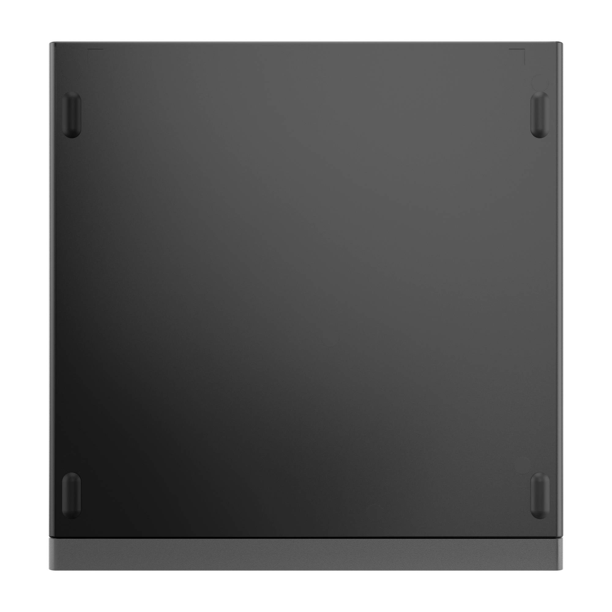Schwarzes rechteckiges Flachpanel mit vier Befestigungslaschen in den Ecken, Vorderansicht auf weißem Hintergrund dargestellt.