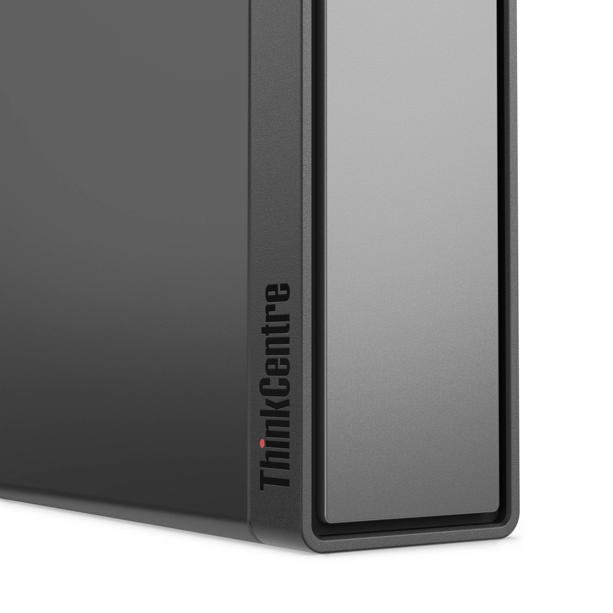 Nahaufnahme eines Lenovo ThinkCentre Desktop-Computer-Towers, zeigend die vordere Ecke und das Logo.