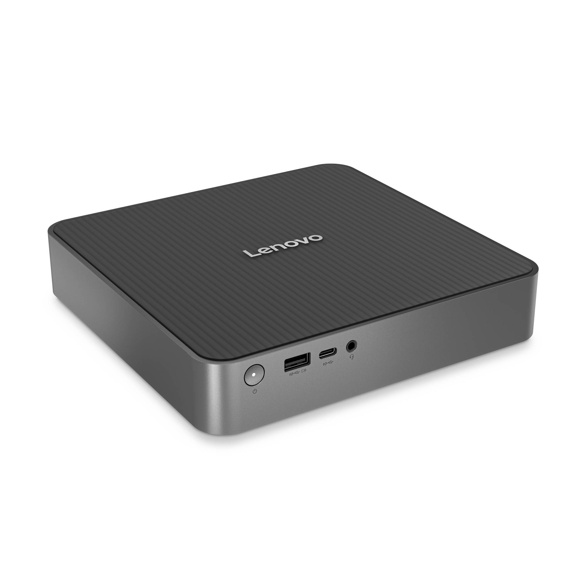 Lenovo kompakter Mini-PC mit Netzschalter an der Vorderseite, USB-A-, USB-C- und Audioanschlüssen auf einer dunkel strukturierten Oberseite.
