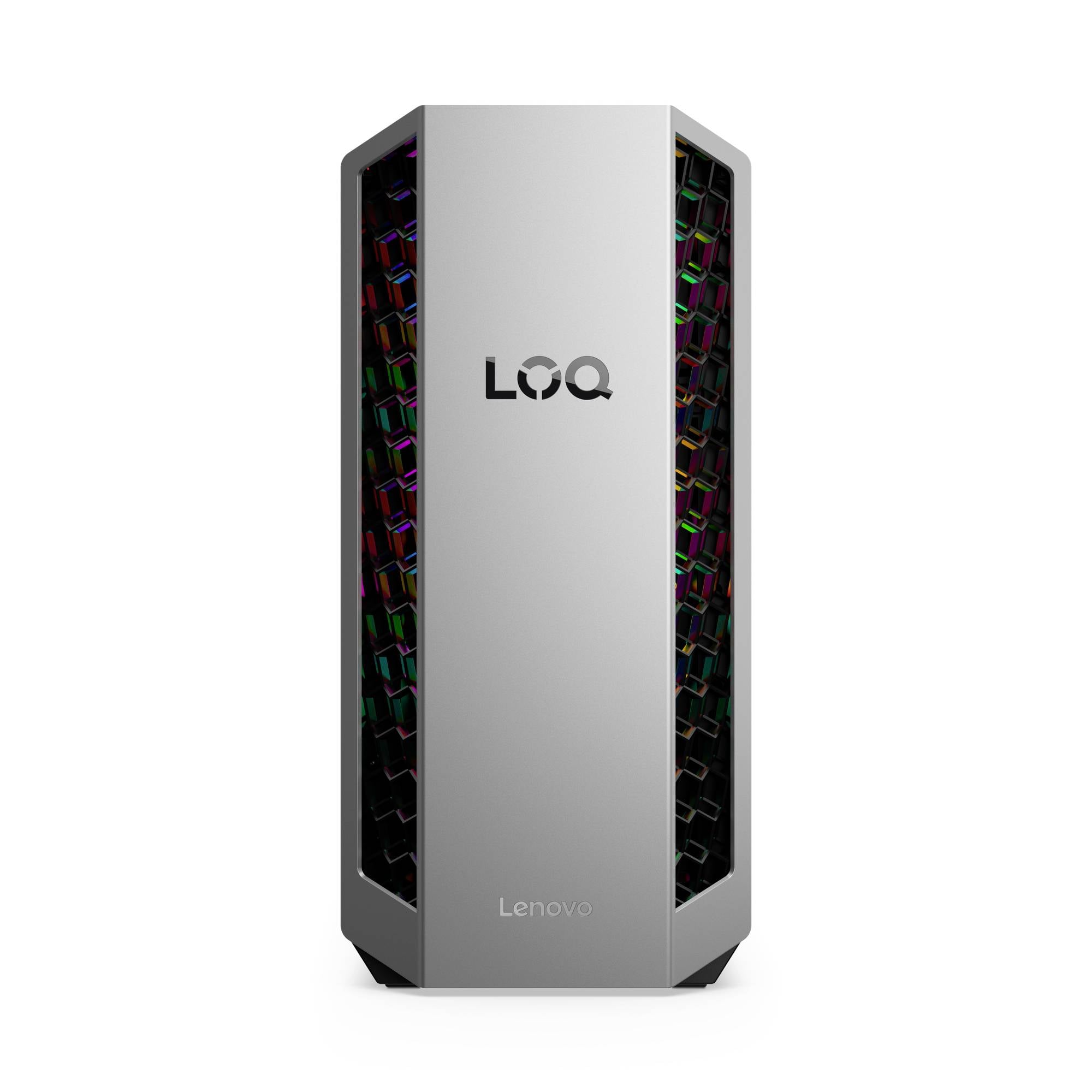 Vorderansicht eines Lenovo LOQ Desktop-Towers mit silbernem Frontpanel, schwarzen Seitenlüftungsöffnungen und farbiger interner RGB-Beleuchtung