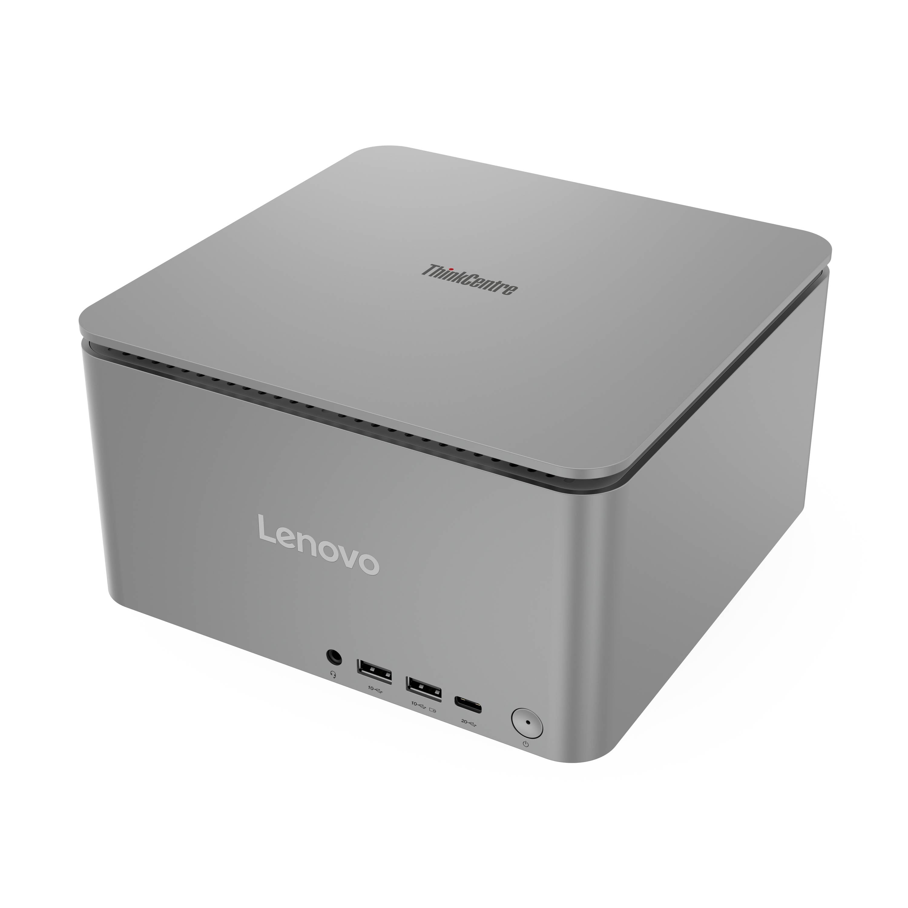 Grauer Lenovo ThinkCentre Mini-Desktop-Computer mit vorderen USB-Anschlüssen und Ein-/Ausschalter auf weißem Hintergrund.