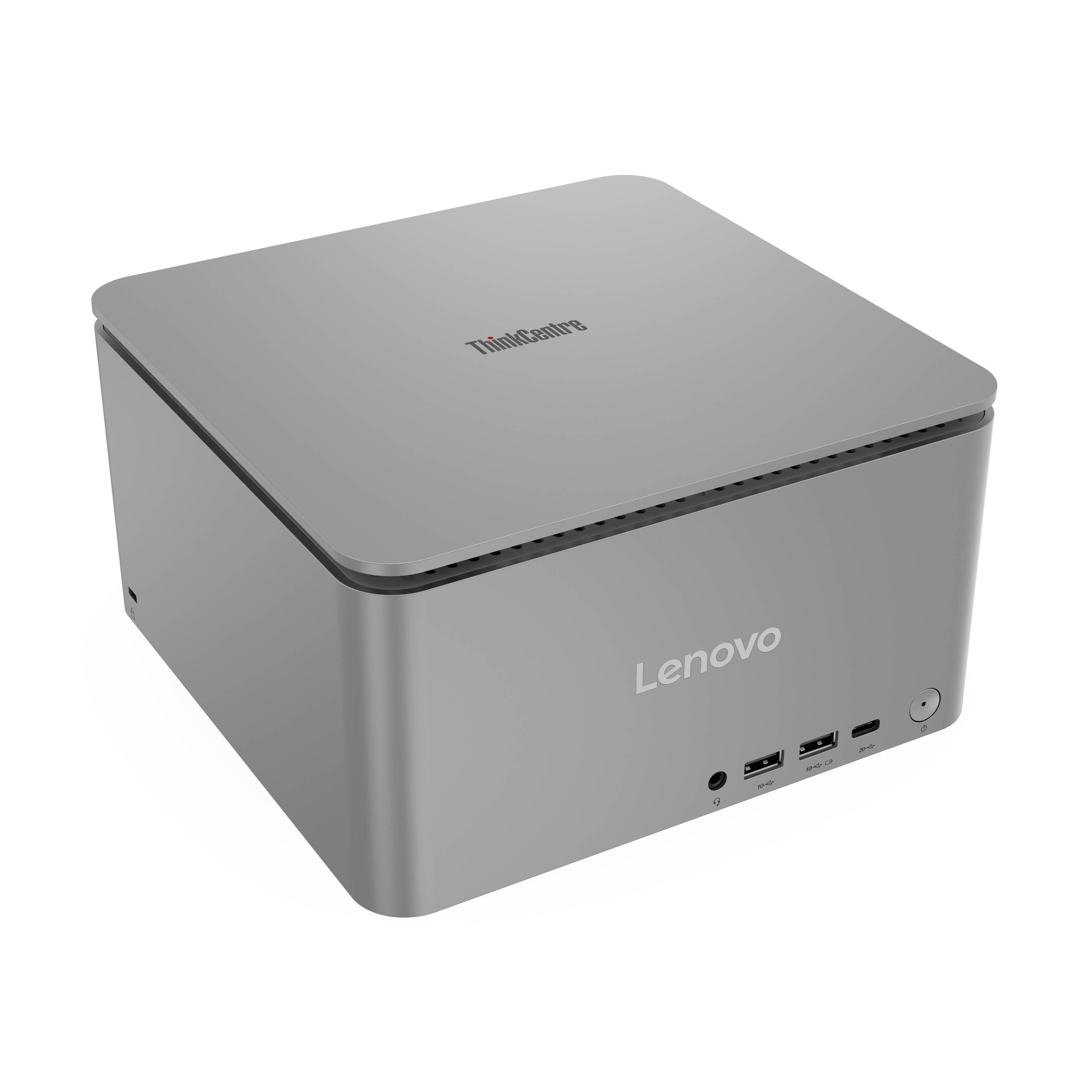 Grauer Lenovo ThinkCentre kompakter Desktop-PC mit vorderen Anschlüssen und Ein-/Aus-Schalter auf weißem Hintergrund.