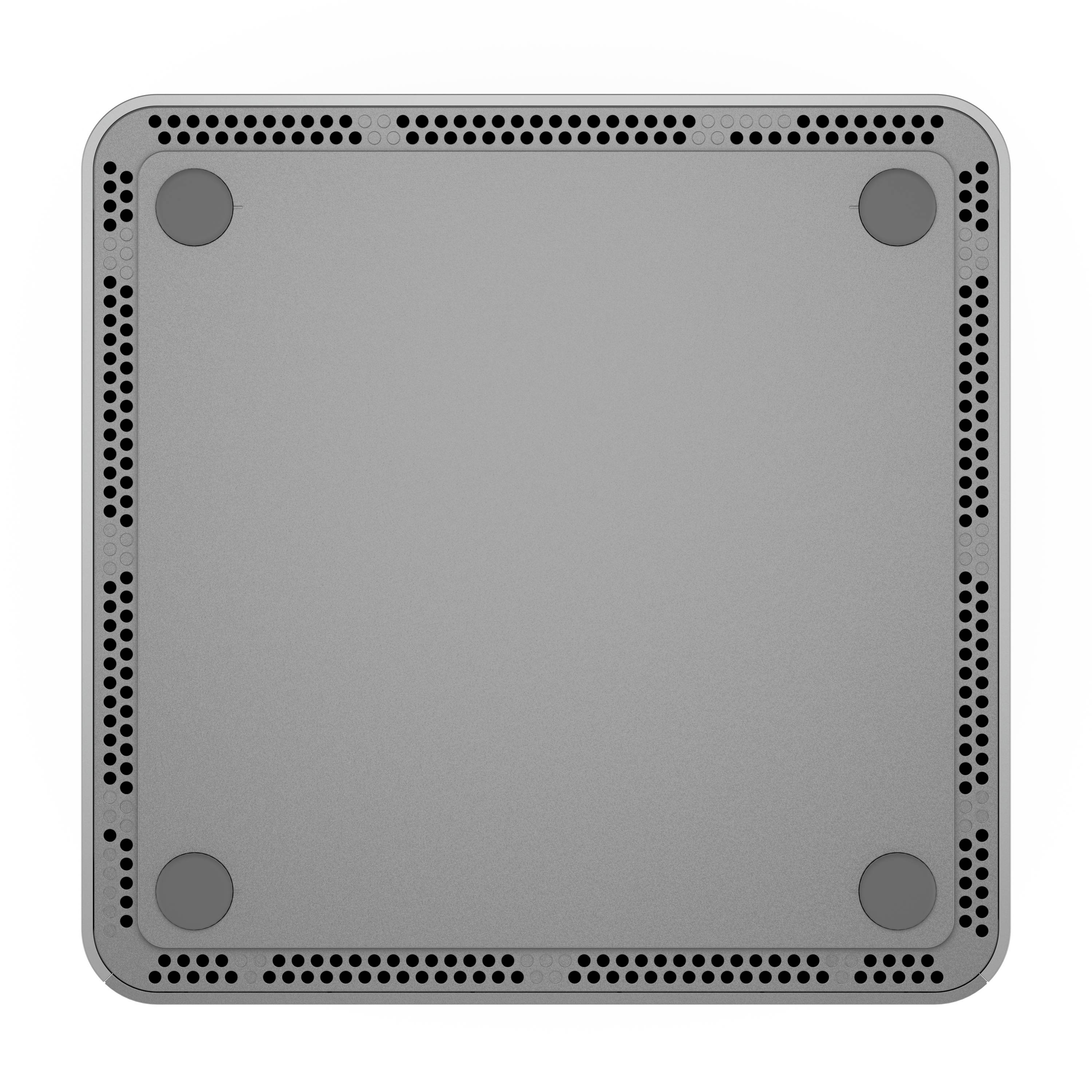 Graues quadratisches Metallpaneel mit abgerundeten Ecken, perforierten Kanten und vier Eckbefestigungen oder -pads.