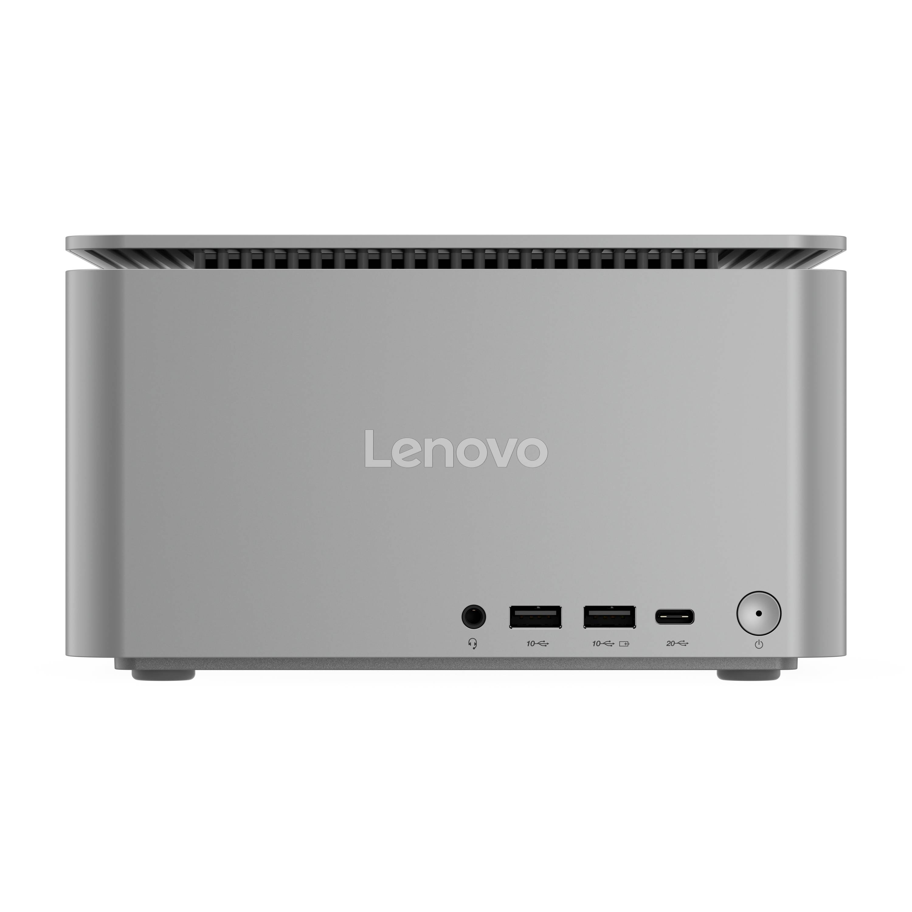 Frontansicht eines silbernen Lenovo Mini-Desktops mit oberer Belüftung und vorderen Anschlüssen, einschließlich Kopfhörerbuchse, zwei USB-Anschlüssen, USB-C und Ein-/Ausschalter.