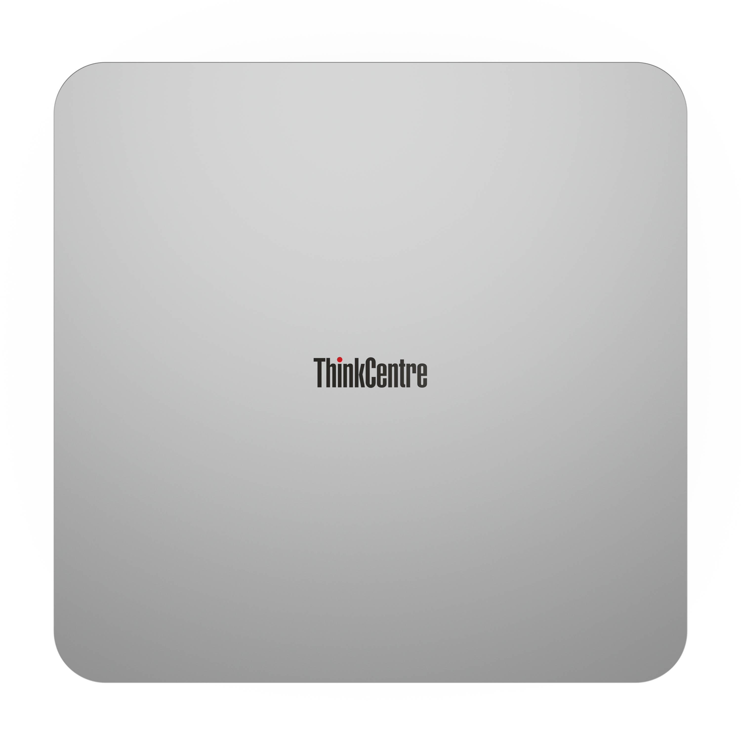 Silberfarbener Lenovo ThinkCentre Desktop-Computer-Turm mit zentriertem ThinkCentre-Logo auf einfarbigem Hintergrund.