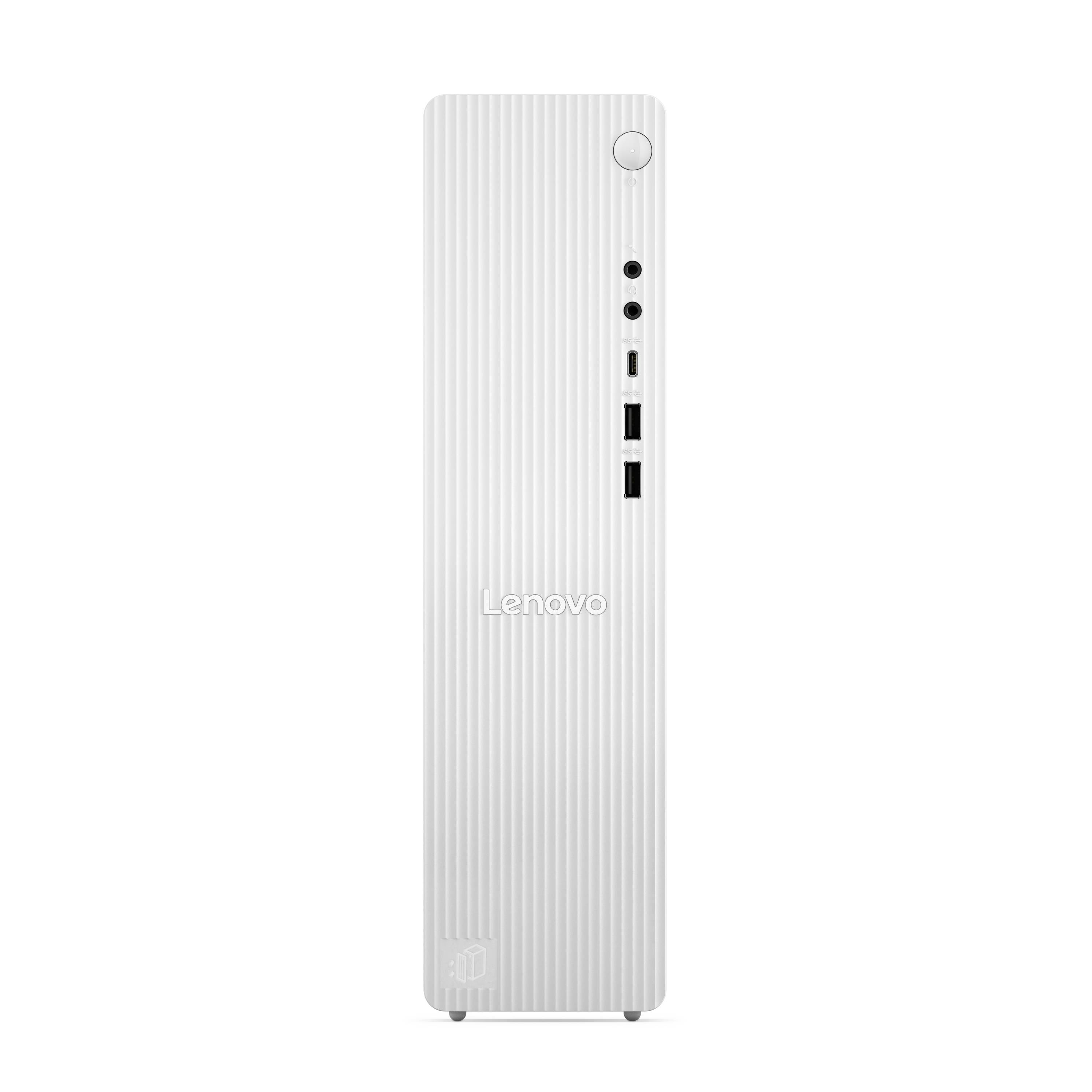 Weißer Lenovo-Desktop-Tower-PC in Vorderansicht mit vertikalen strukturierten Streifen, Stromschalter oben rechts und mehrere Frontanschlüsse.